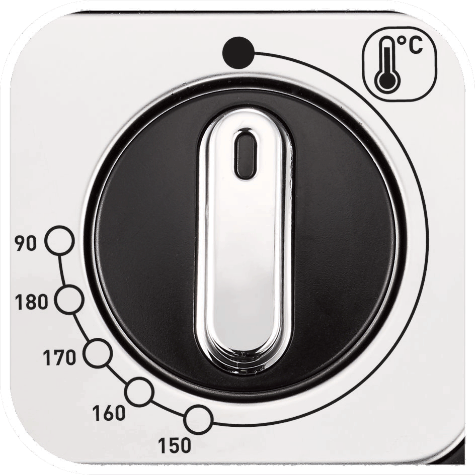 Een zwarte en verchroomde oventhermostaat met getallen en een temperatuurschaal.