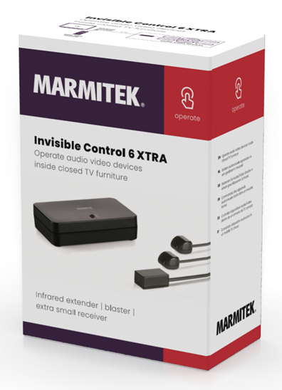 A box with the name MARMITEK and the words Invisible Control 6 XTRA. It is black and red.