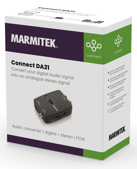 Een witte doos met tekst en een zwart audio converter apparaat erin.