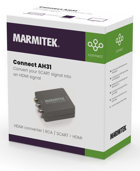 White box with a Marmitek Connect AH31. It converts SCART to HDMI signals.