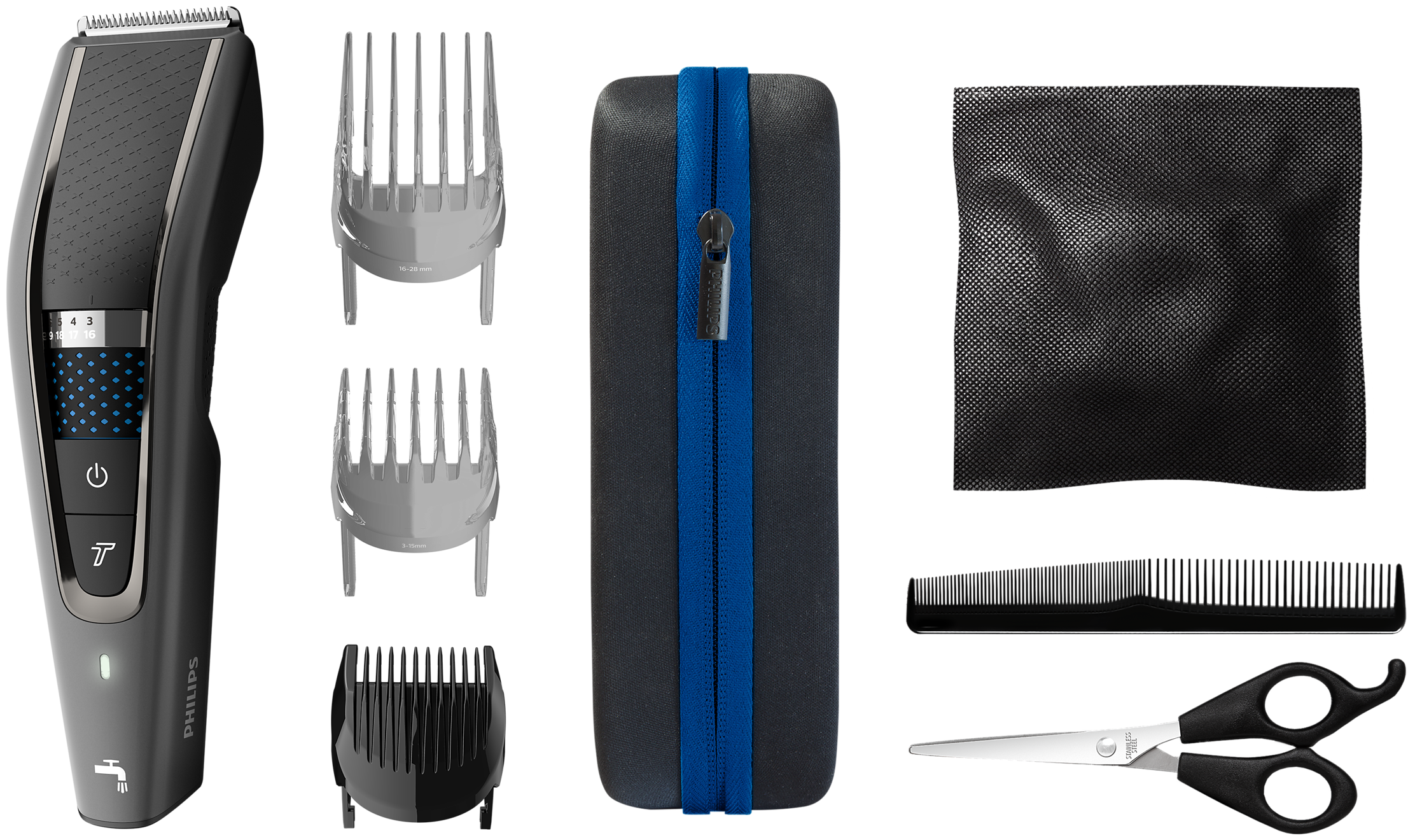 Ein Haarschneider und Zubehör. Haarschneider, drei Kämme, eine Tasche, Schere, eine Bürste und ein Reinigungstuch.