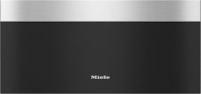 Dunkelgraues Gerät mit silbernem Streifen oben. Miele-Logo in der Mitte.