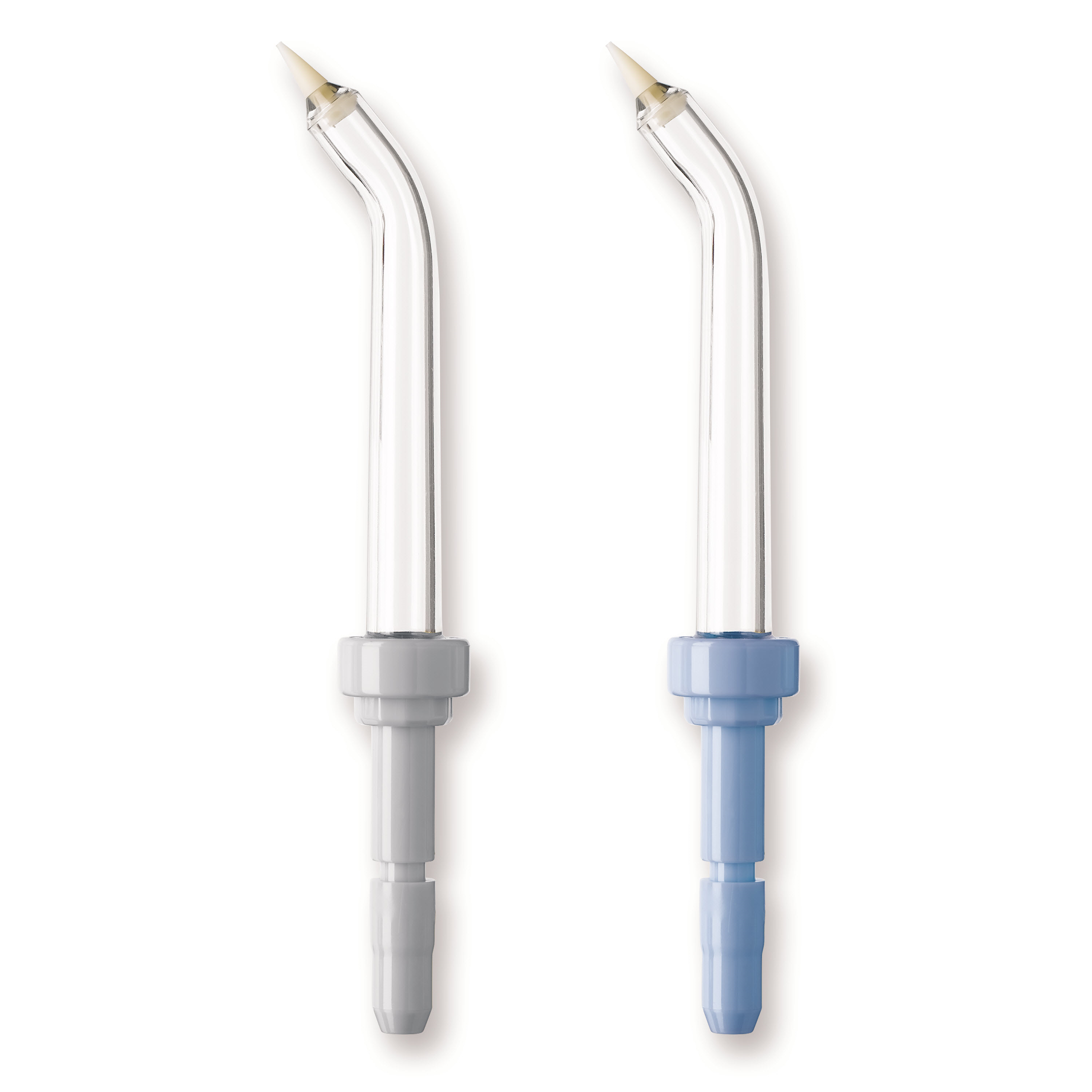 Zwei Interdental-Wasserstrahlspitzen. Eine grau und eine blau. Beide transparent mit weißen Spitzen.