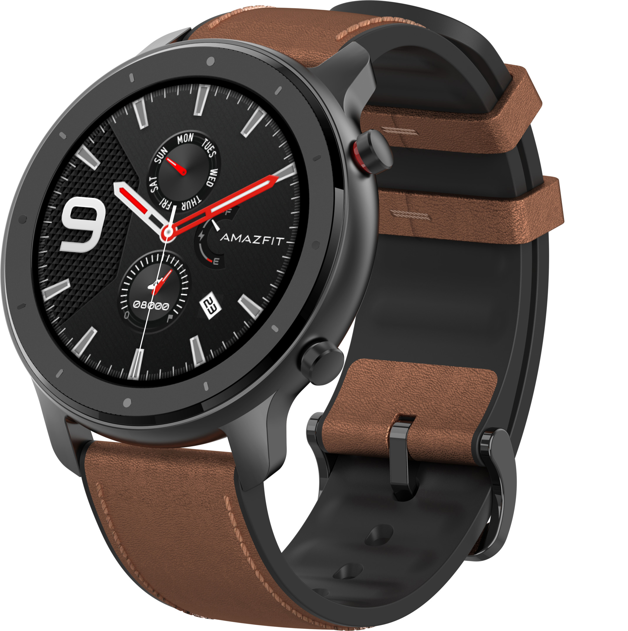 AMAZFIT GTR 47.2 mm Smartwatch Aluminium Echtleder, Silikon, 118 mm + 75 mm, Schwarz/Braun
