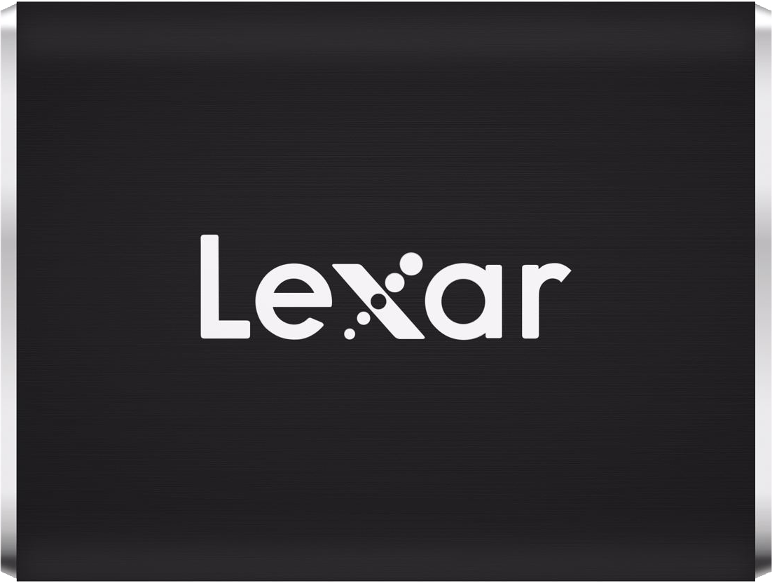 SSD Lexar noir. Logo Lexar blanc sur fond noir, avec bordure argentée.