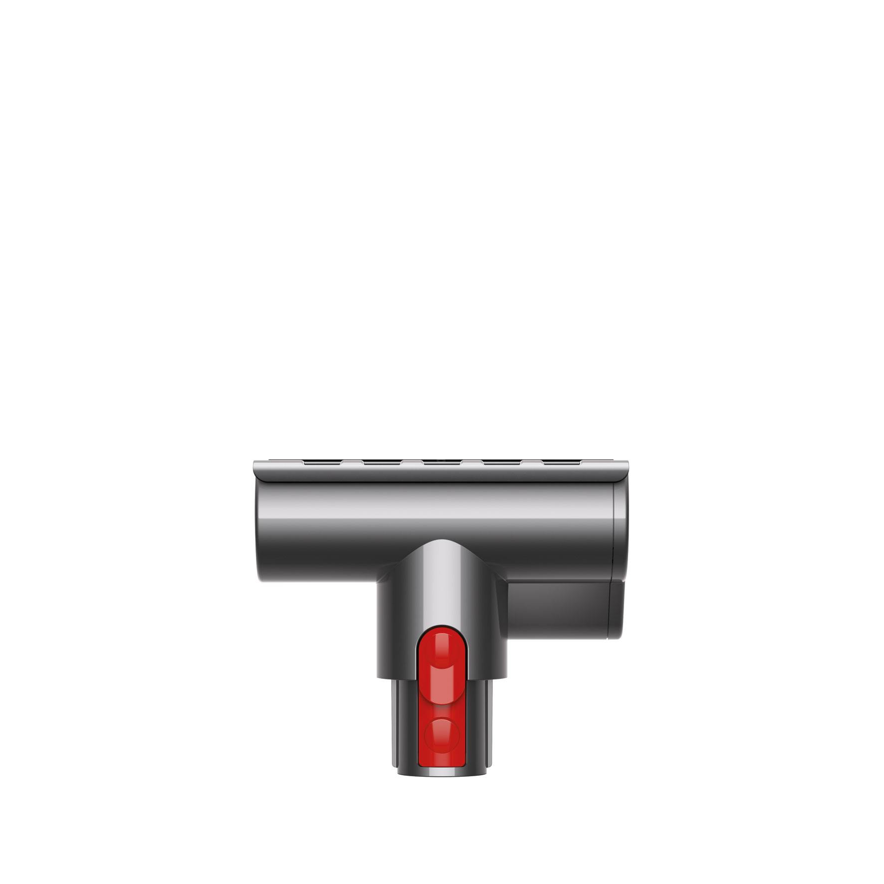 Ein grauer Staubsaugeraufsatz. Er hat eine T-Form und einen roten Knopf. Der Hintergrund ist weiß.