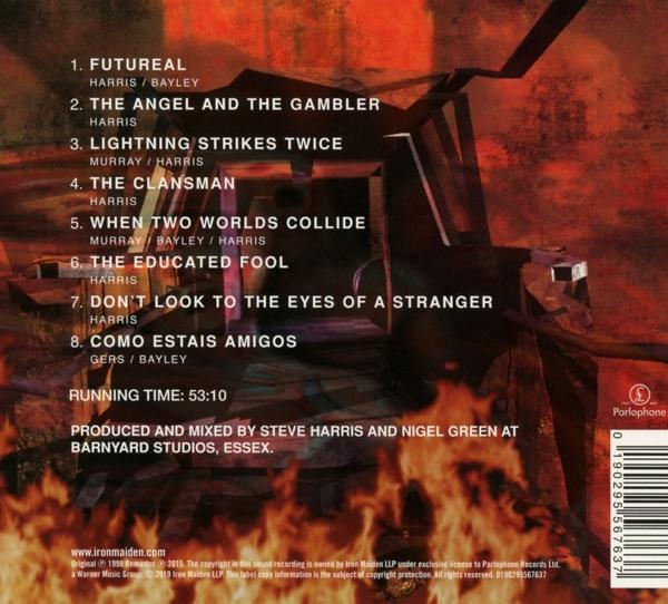 CD-Cover mit Titelliste. Eine brennende Struktur im Hintergrund, Iron Maiden Logo und Albumtitel.