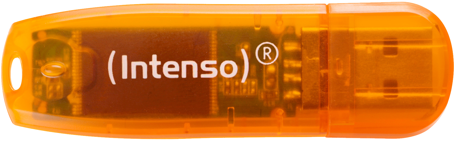 Oranger, durchscheinender Intenso USB-Stick. Der Markenname ist weiß gedruckt. Der Körper ist orange.