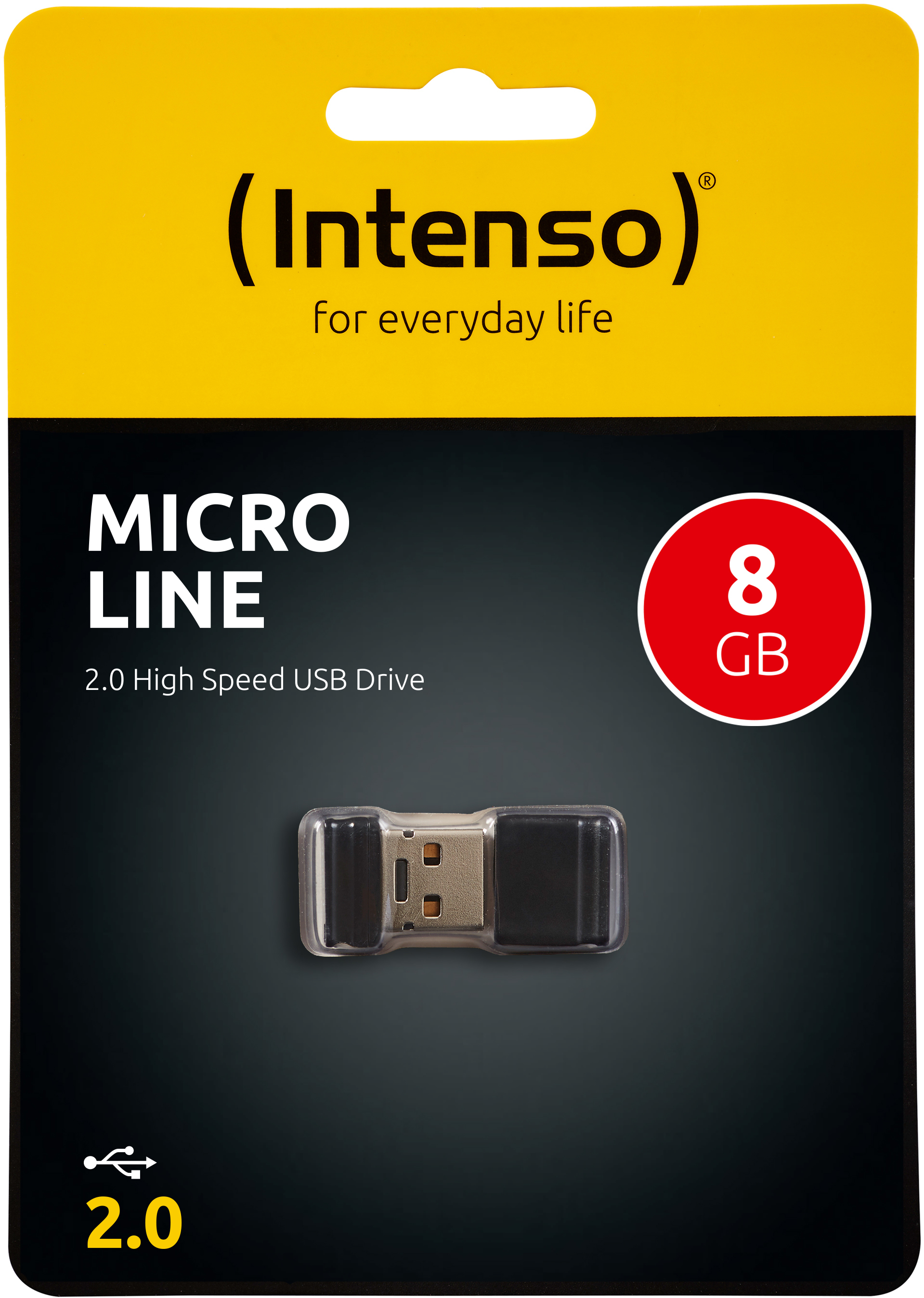 Eine gelb-schwarze Verpackung mit einem USB-Stick, die Produktname und Speichergröße zeigt.