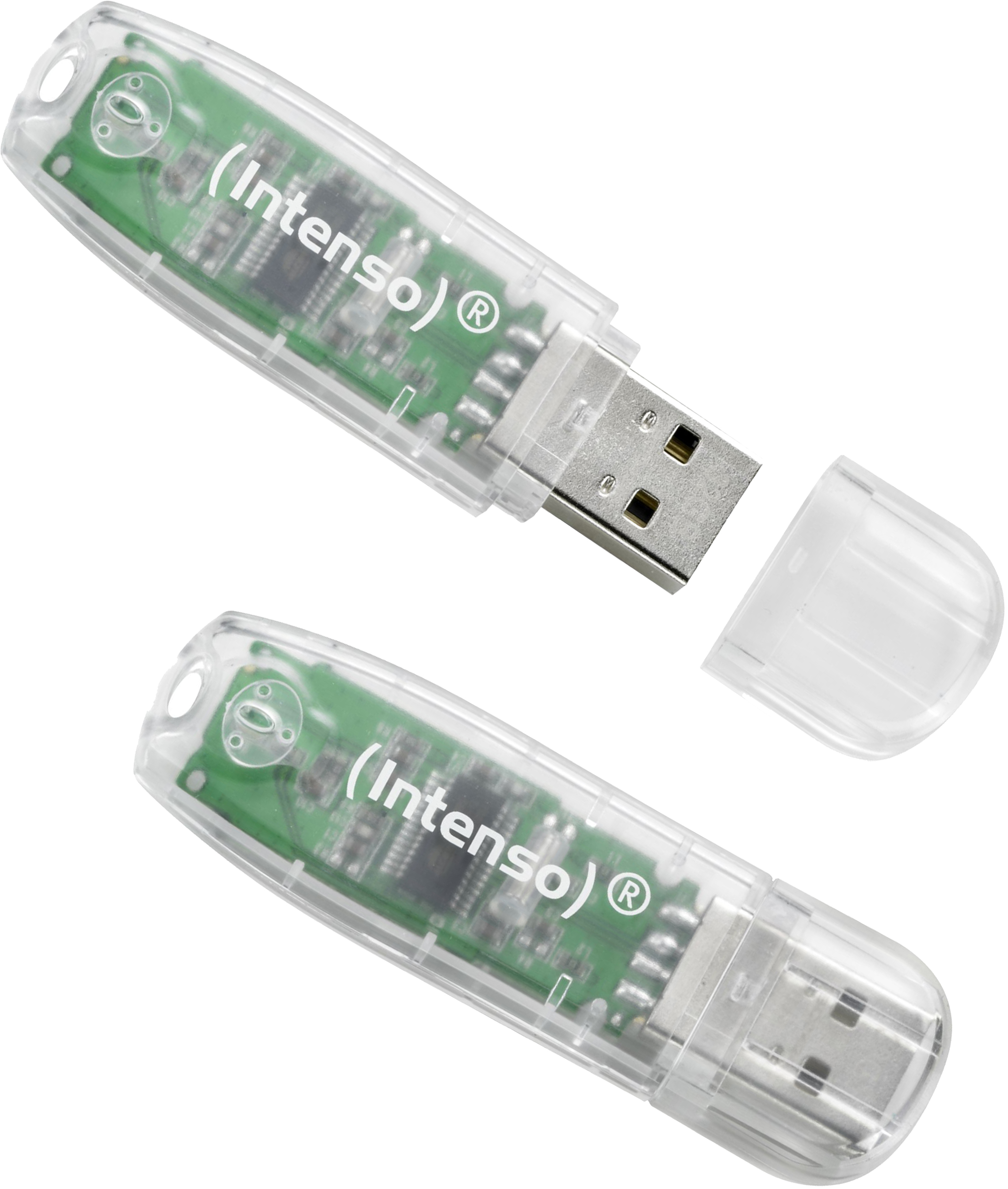Zwei transparente USB-Sticks mit dem Logo „(Intenso)®“ auf weißem Hintergrund.