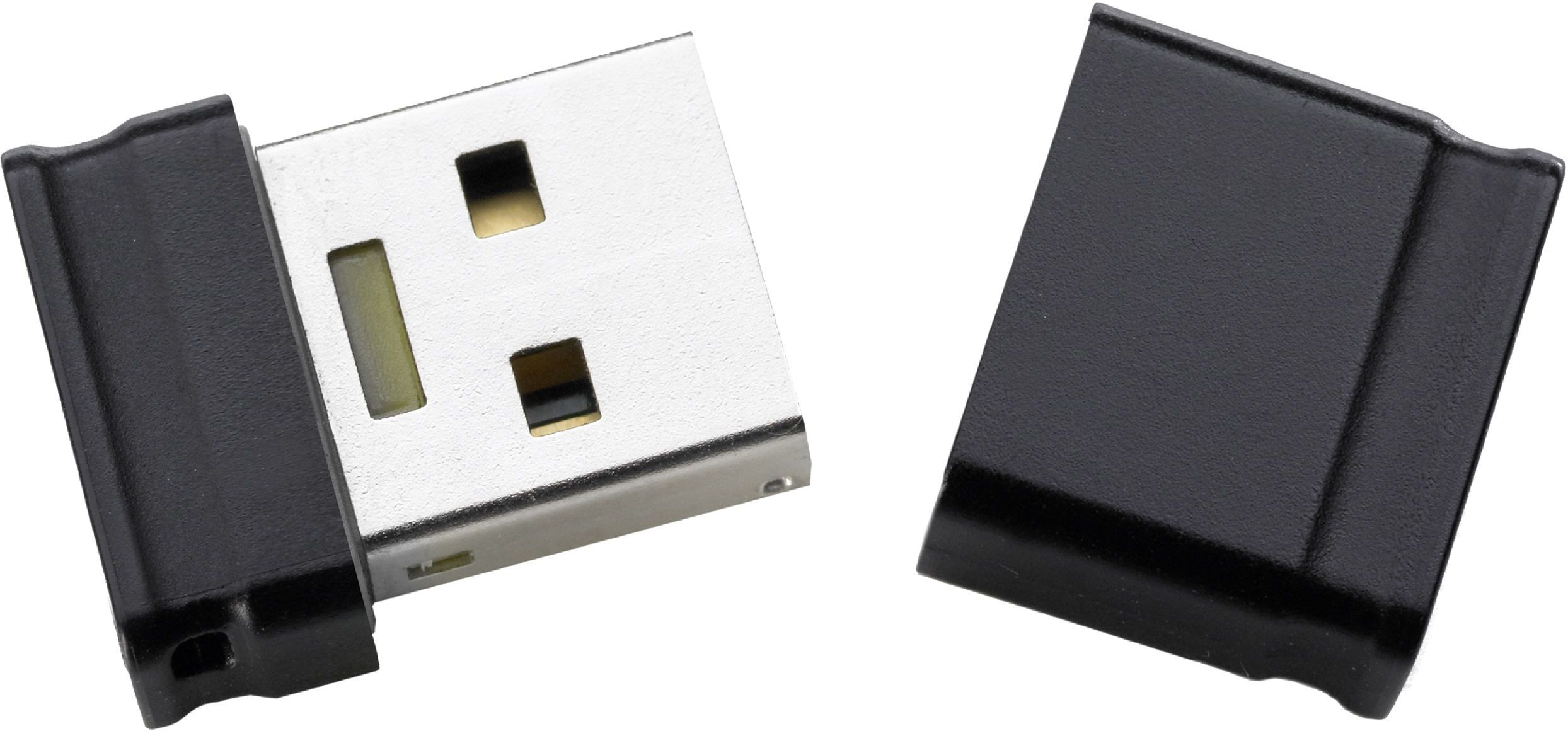 Schwarzer und silberner USB-Stick mit schwarzer Kappe in der Nähe.