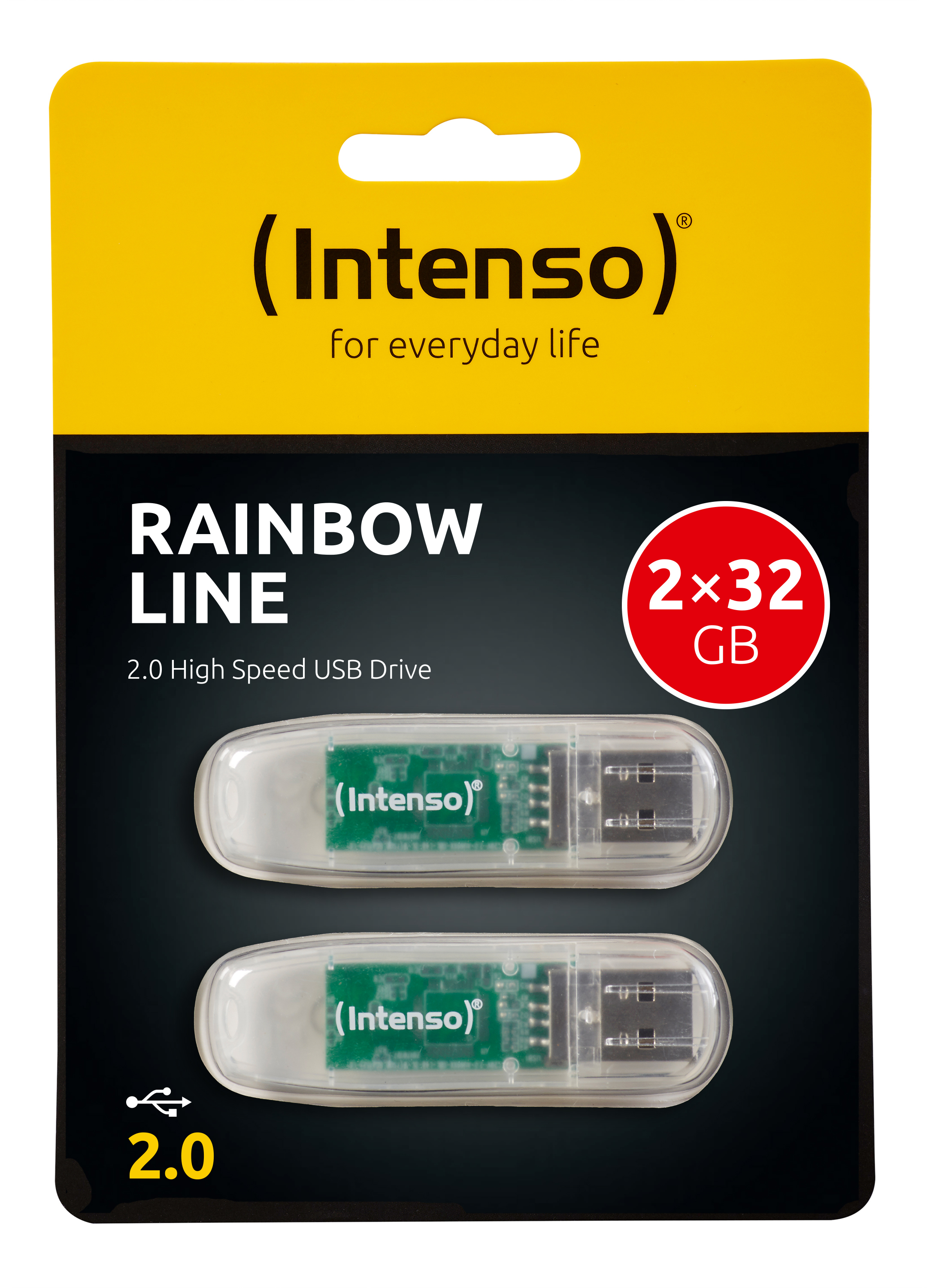 Zwei USB-Laufwerke in einer Packung mit der Bezeichnung Rainbow Line 2.0.