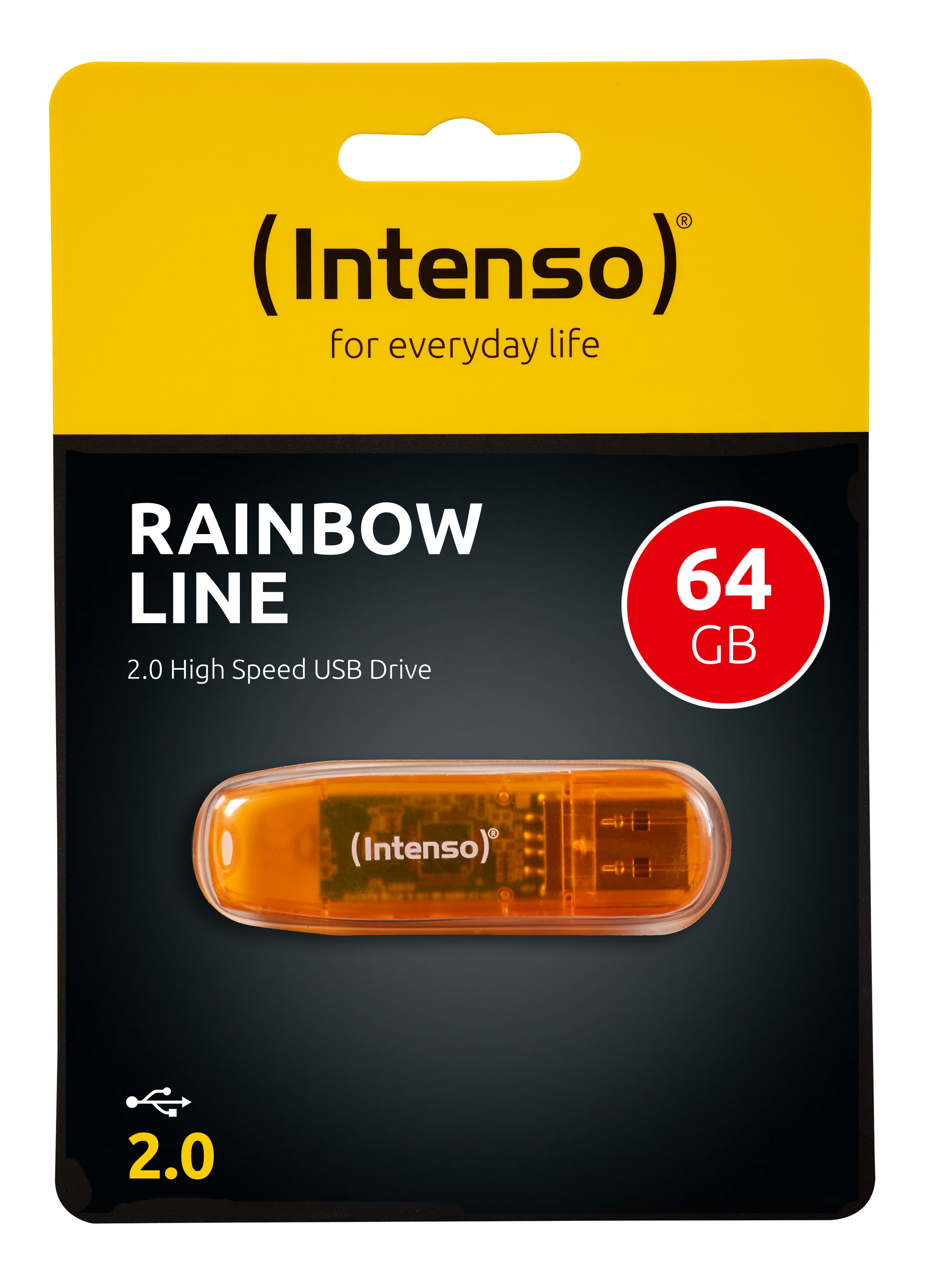 Ein USB-Laufwerk in einer transparenten Kunststoffverpackung. Die Verpackung ist auf einem schwarz-gelben Hintergrund.