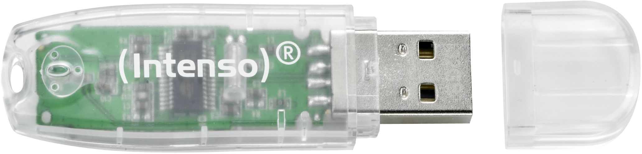 Transparenter USB-Stick. Grüne Leiterplatte sichtbar, Marke Intenso.
