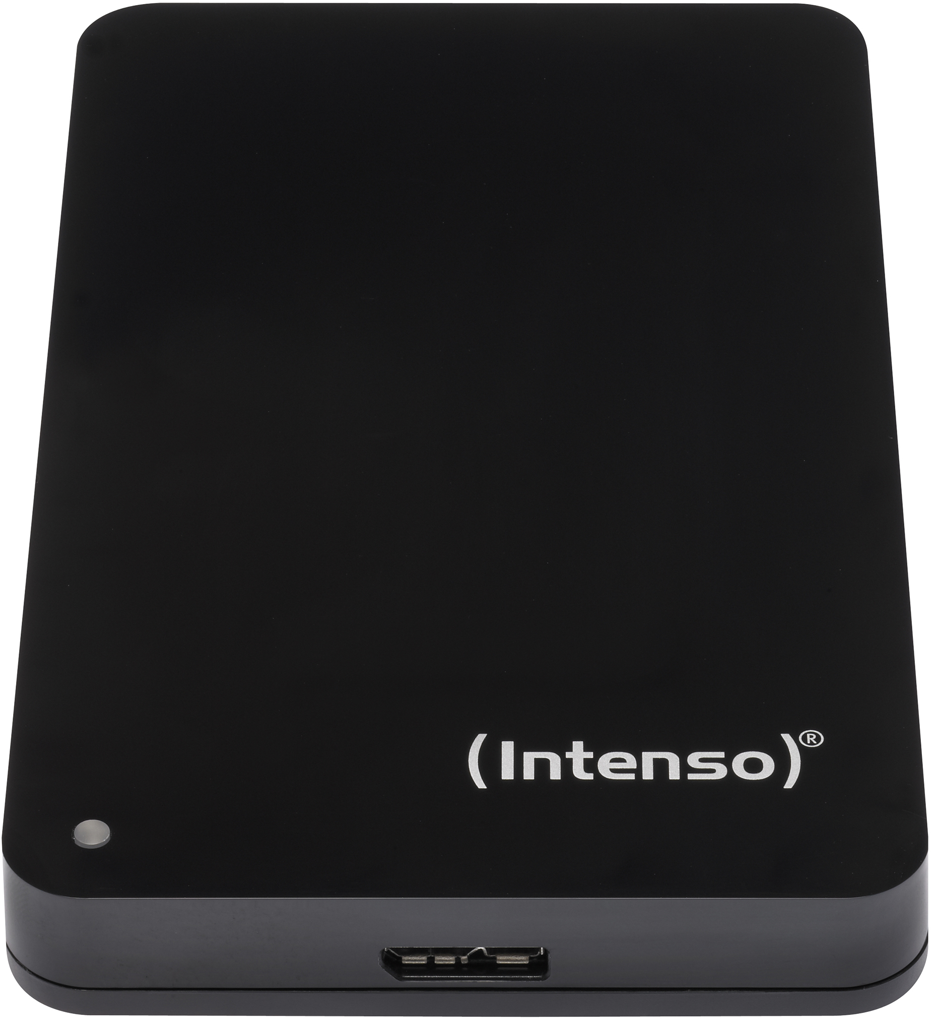 Schwarze externe Festplatte mit USB-Anschluss und Firmenlogo.
