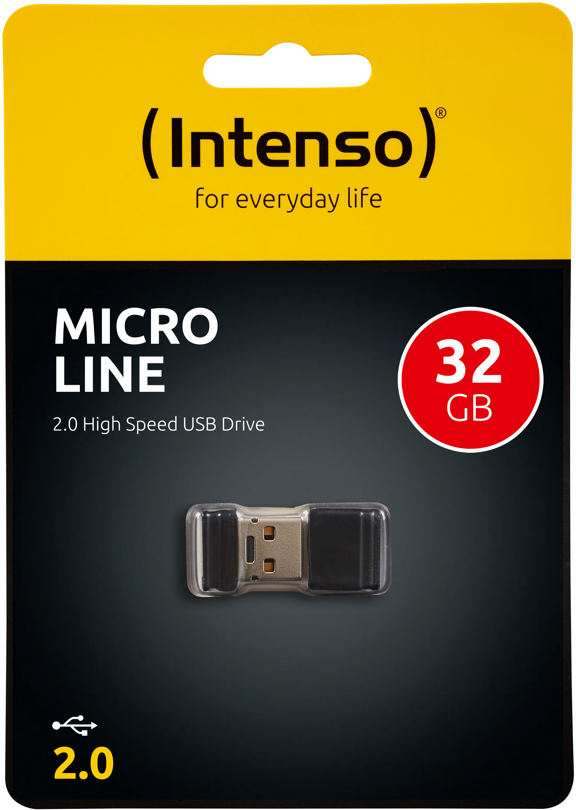 USB-Stick-Verpackung: (Intenso) MICRO LINE 32GB, schwarzes und silbernes Laufwerk.
