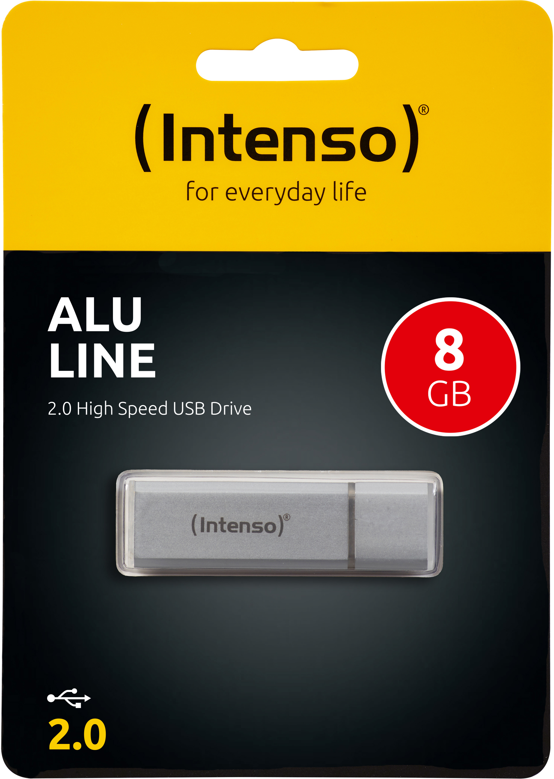 Silberner USB-Stick in klarer Kunststoffverpackung mit gelbem Hintergrund, Text 'ALU LINE', '8 GB'.