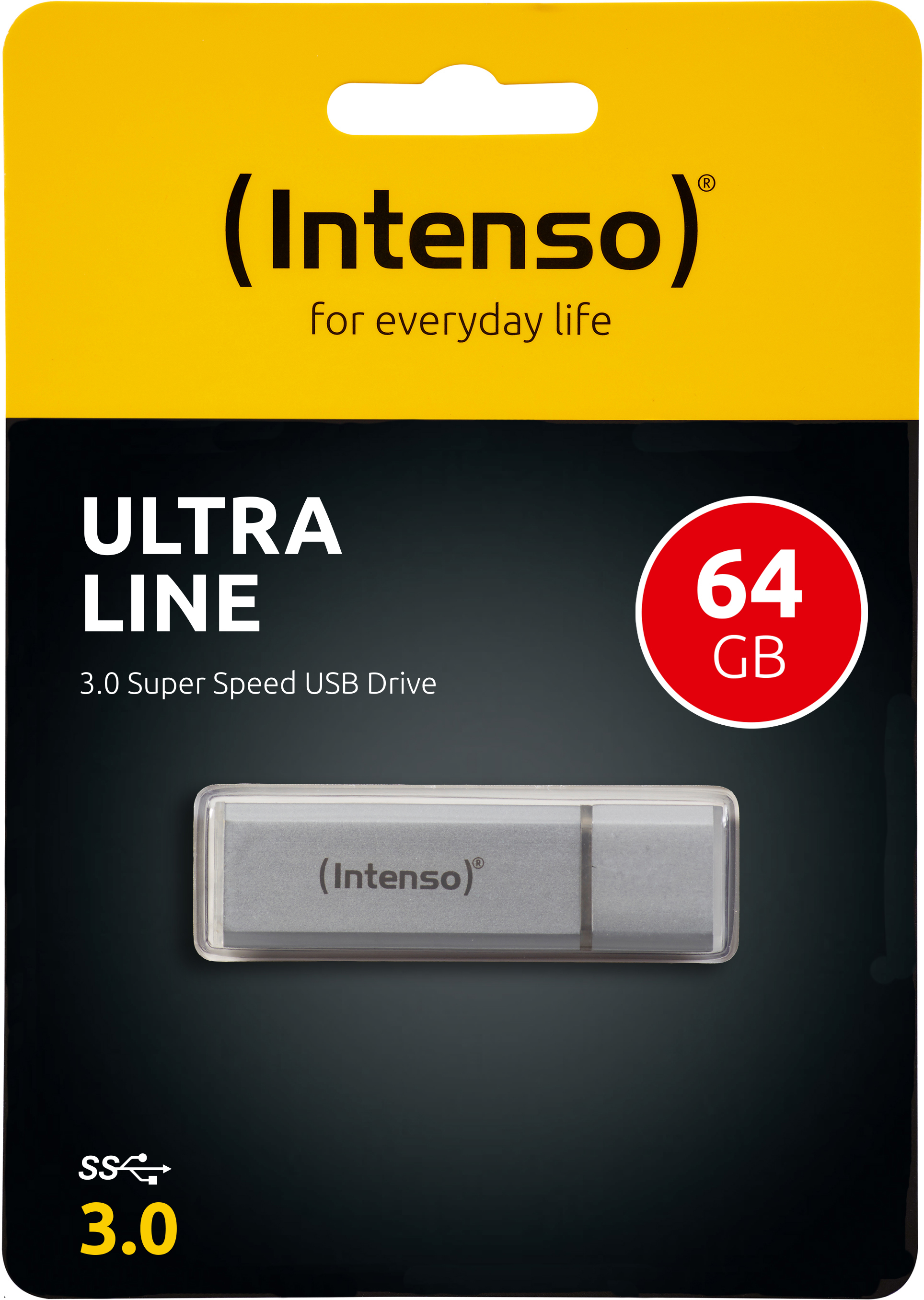 Intenso Ultra Line 3.0 Super Speed USB-Laufwerk. Silbernes USB-Laufwerk in einer durchsichtigen Kunststoffverpackung.