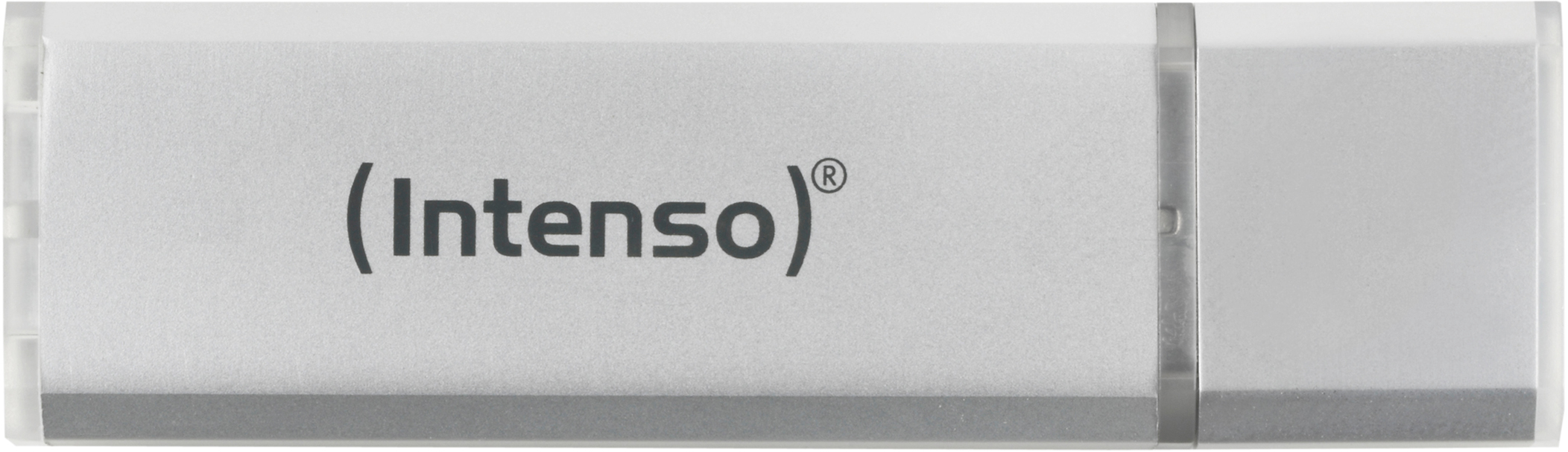 Ein silberner (Intenso) USB-Stick. Das Logo ist schwarz.