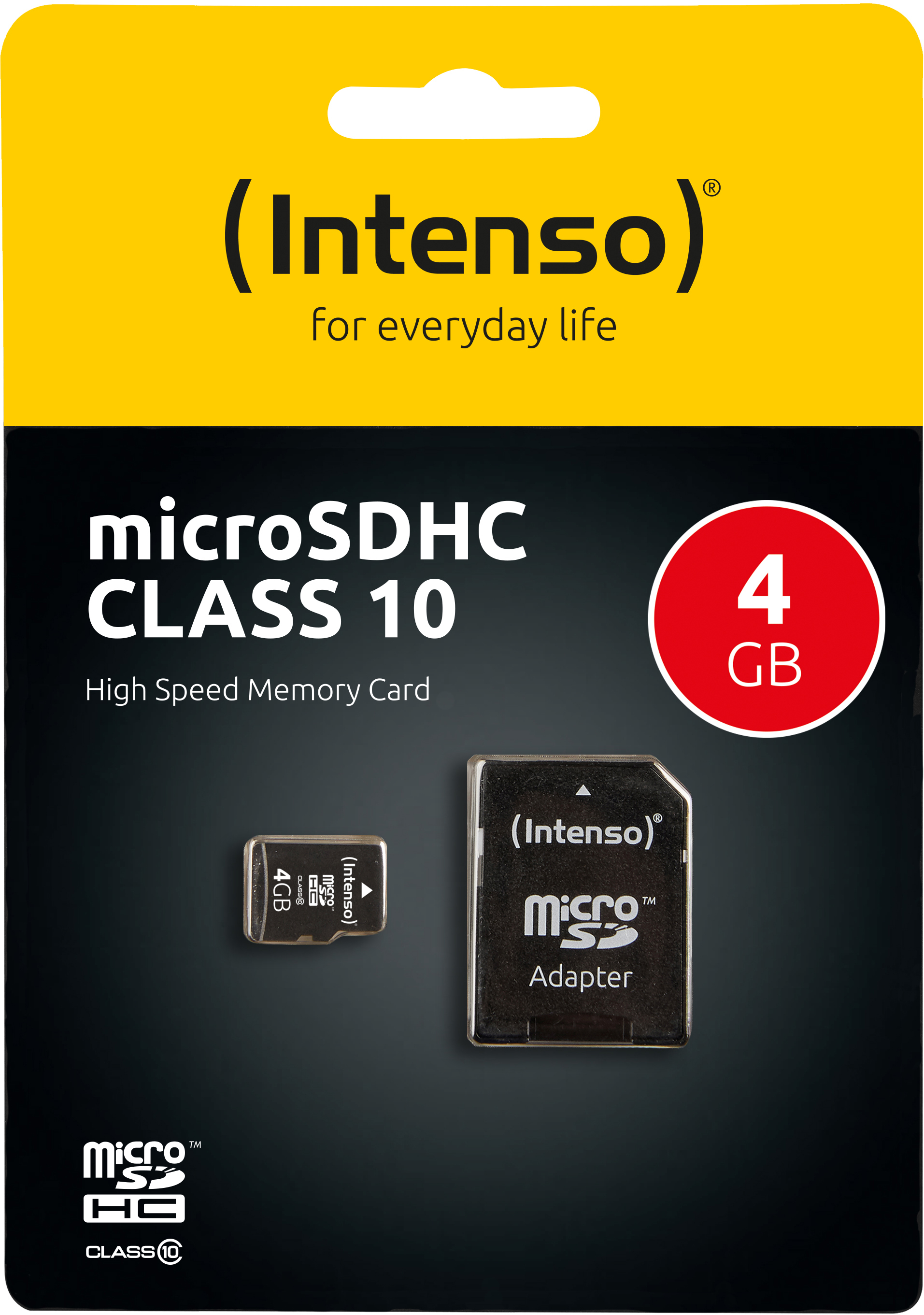MicroSDHC-Speicherkartenverpackung mit Karte und Adapter, 4 GB Kapazität.