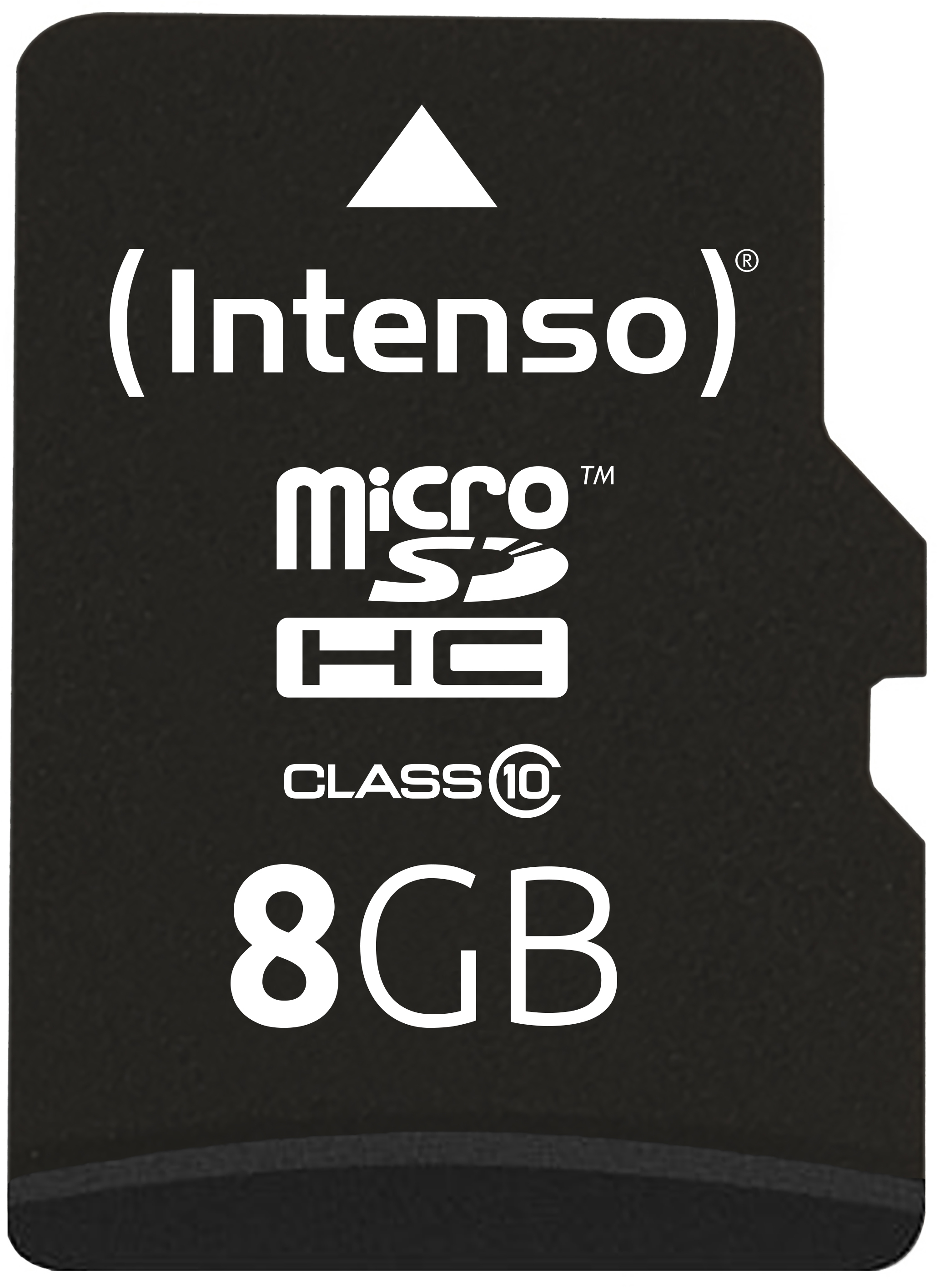 Eine schwarze microSD-Karte. Die Karte hat das Intenso-Logo und die Bezeichnung 8GB.
