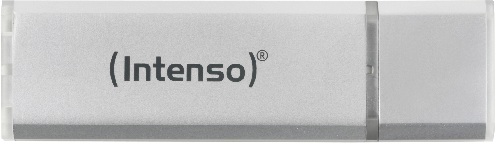 Silberner USB-Stick mit Intenso-Logo, freigestellt auf weißem Hintergrund.