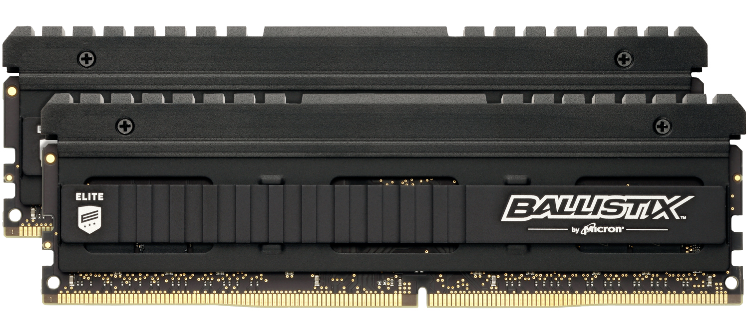 Schwarze RAM-Riegel mit schwarzen Kühlkörpern. Weißes "BALLISTIX" by Micron-Logo.