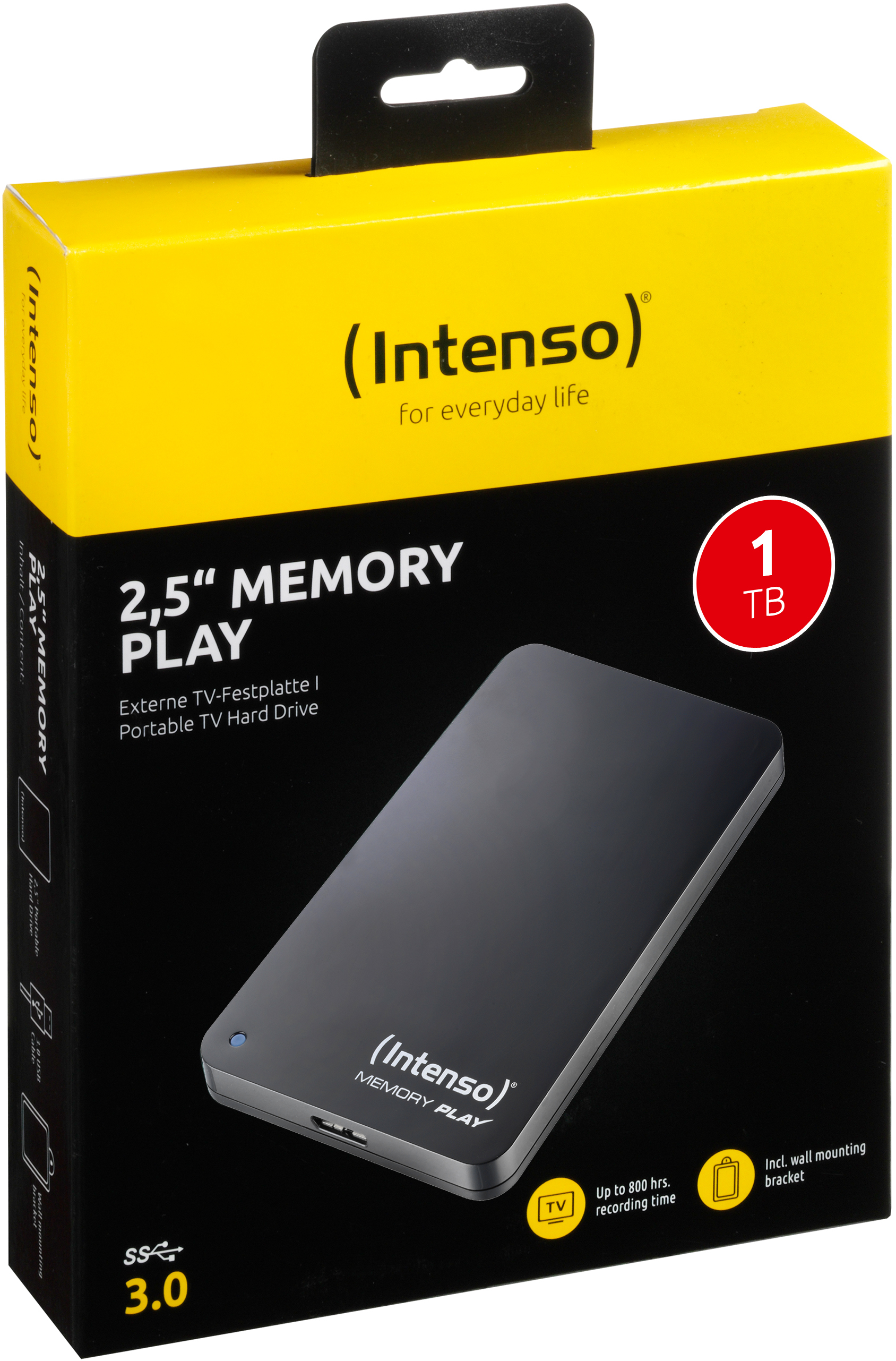 Eine schwarz-gelbe Schachtel einer 2,5" Memory Play Festplatte, mit einer schwarzen Festplatte darin.