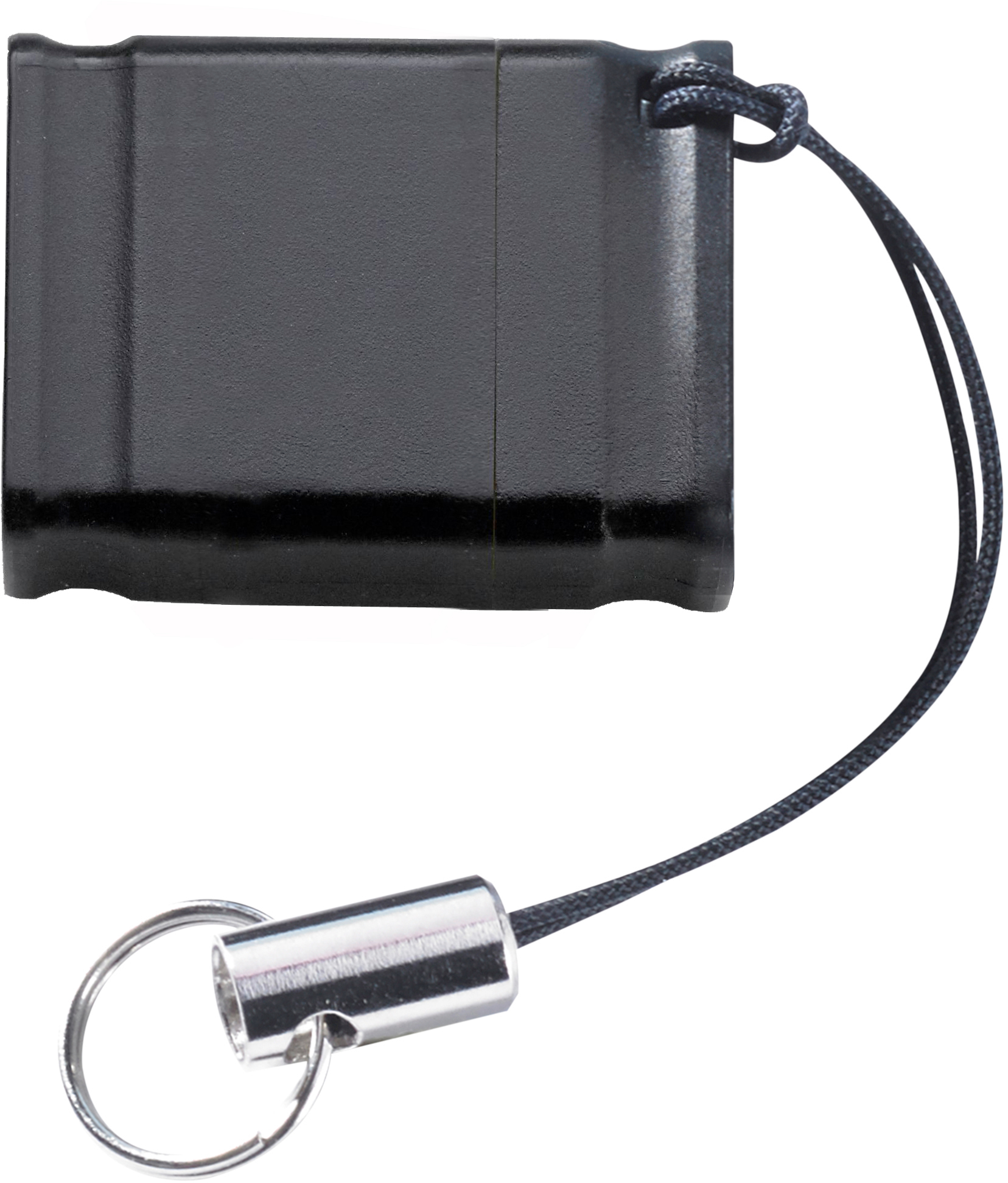 Ein schwarzer USB-Stick mit einem schwarzen Faden, der an einer silbernen Schlaufe befestigt ist.