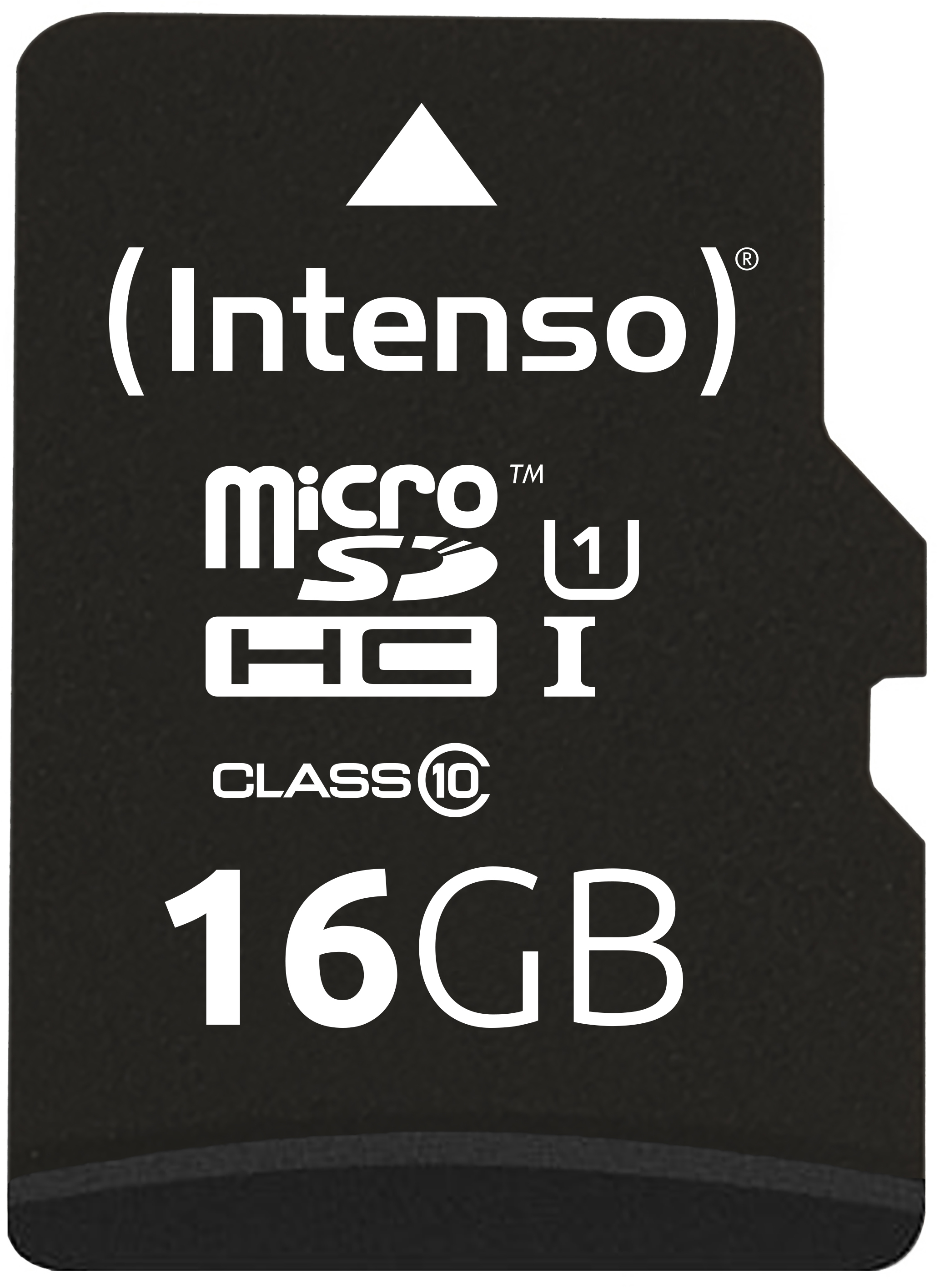 Schwarze Micro-SD-Karte mit 'Intenso', 'Micro SDHC' und '16GB'-Text.
