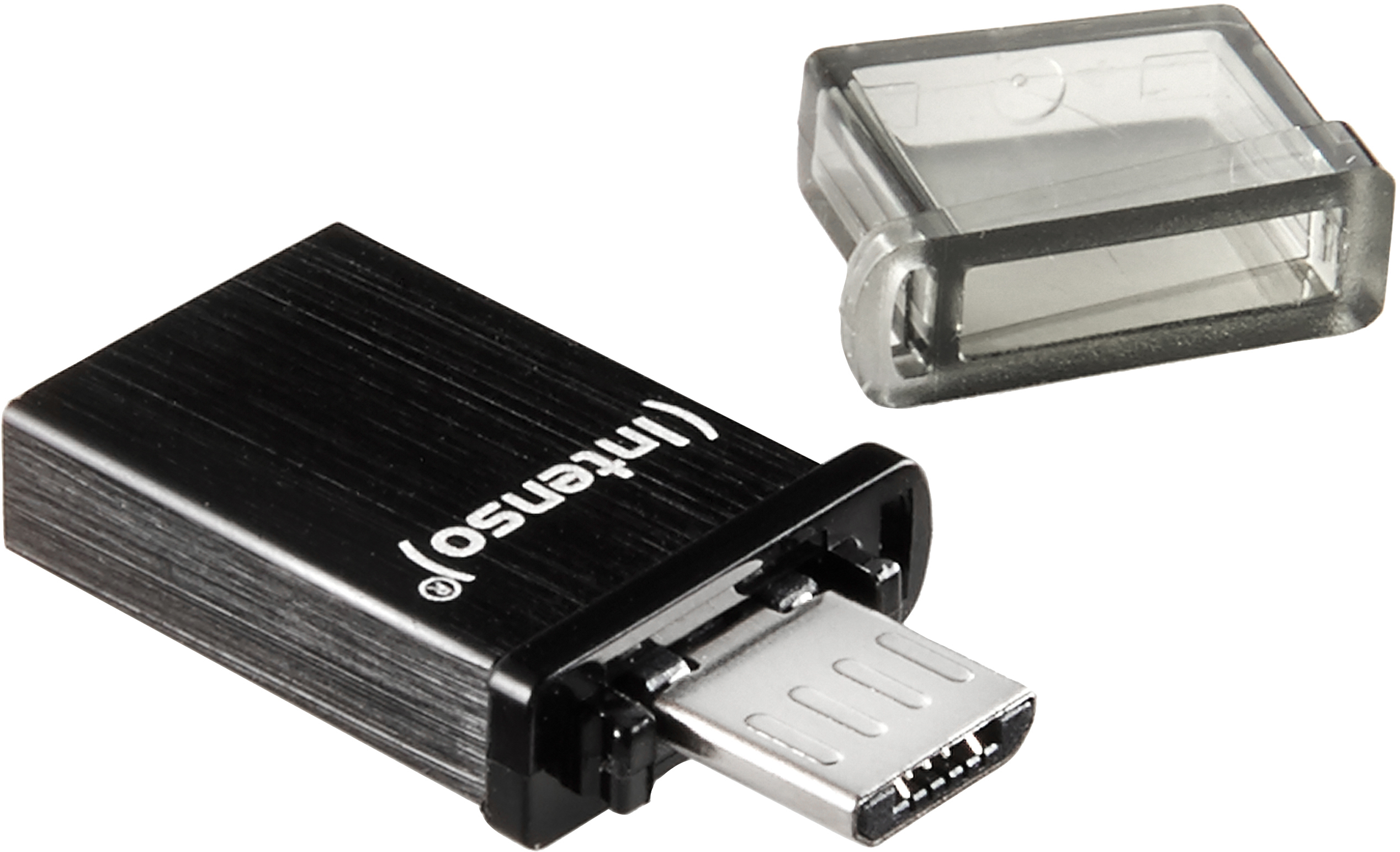 Schwarzer Intenso USB-Stick mit Kappe. Der Stick ist rechteckig mit silbernem Anschluss. Die Kappe ist klar.