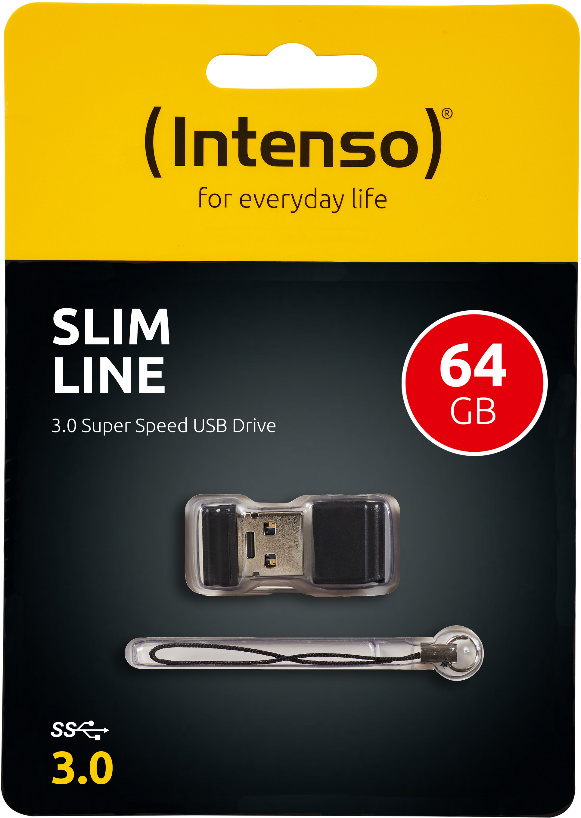 Intenso Slim Line 3.0 USB-Stick, gelb und schwarz, auf dunklem Hintergrund.