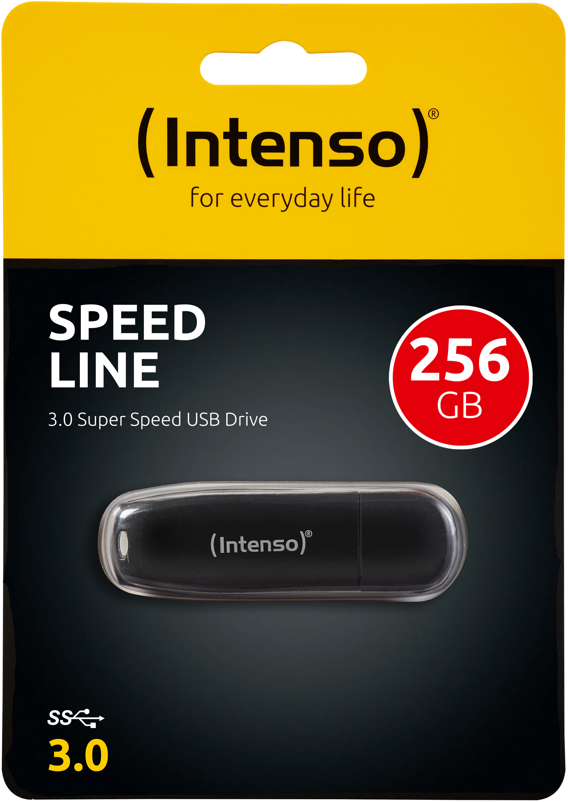 Schwarzer USB-Stick in klarer Verpackung mit gelbem Hintergrund, Text 'SPEED LINE', '256 GB'.