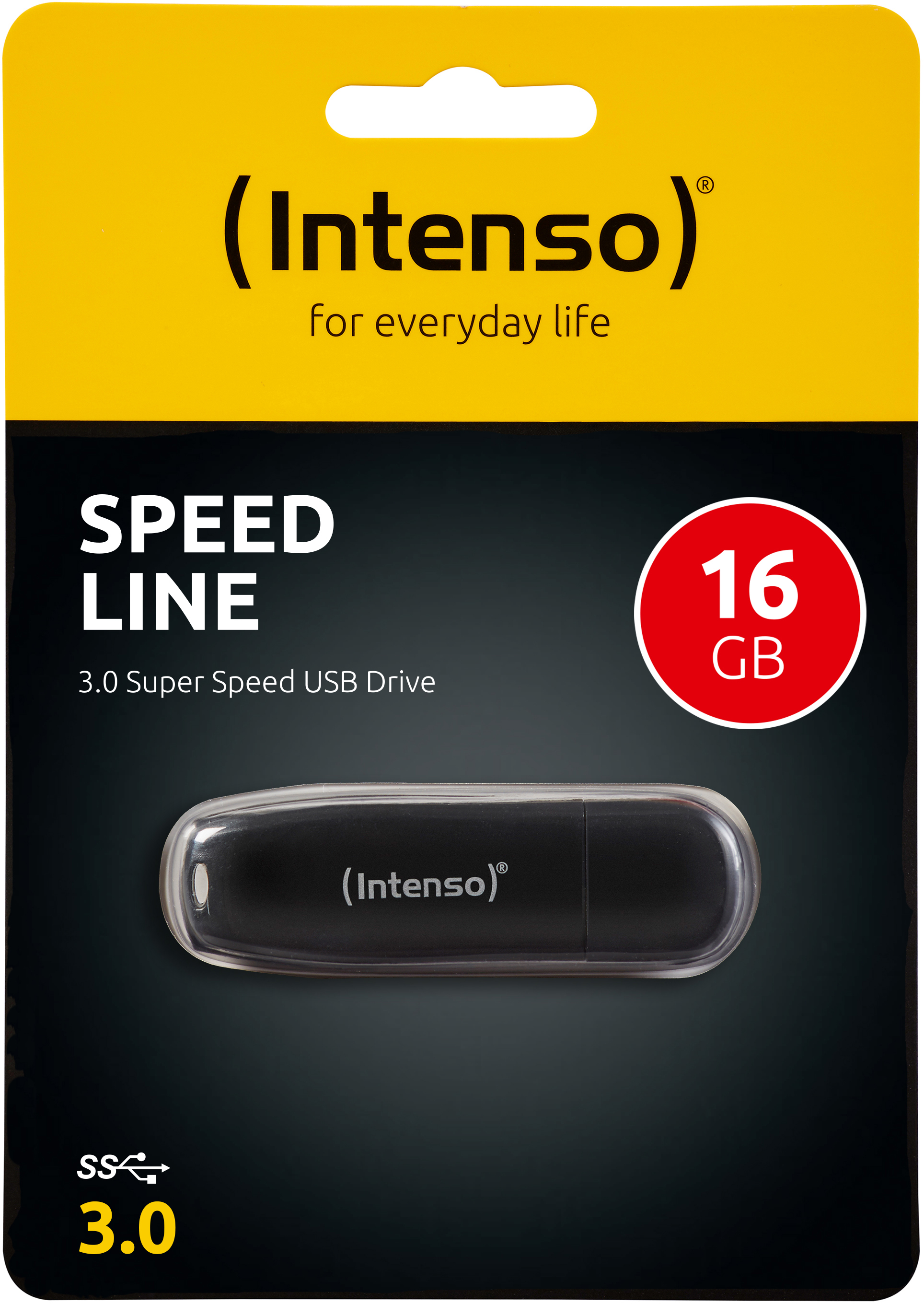 Schwarzer USB-Stick in einer Verpackung. Die Verpackung ist gelb und schwarz.