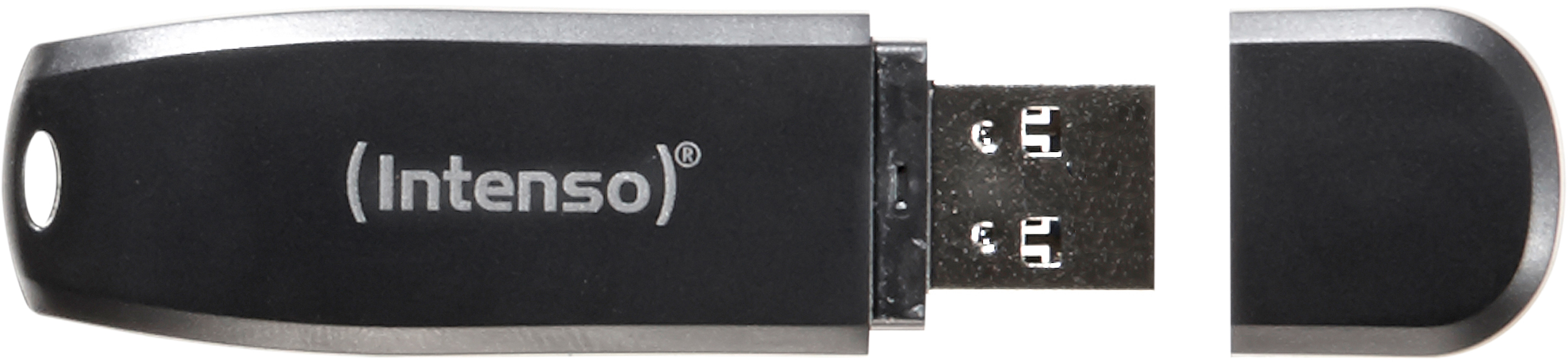 Schwarzer und silberner Intenso USB-Stick mit Kappe.