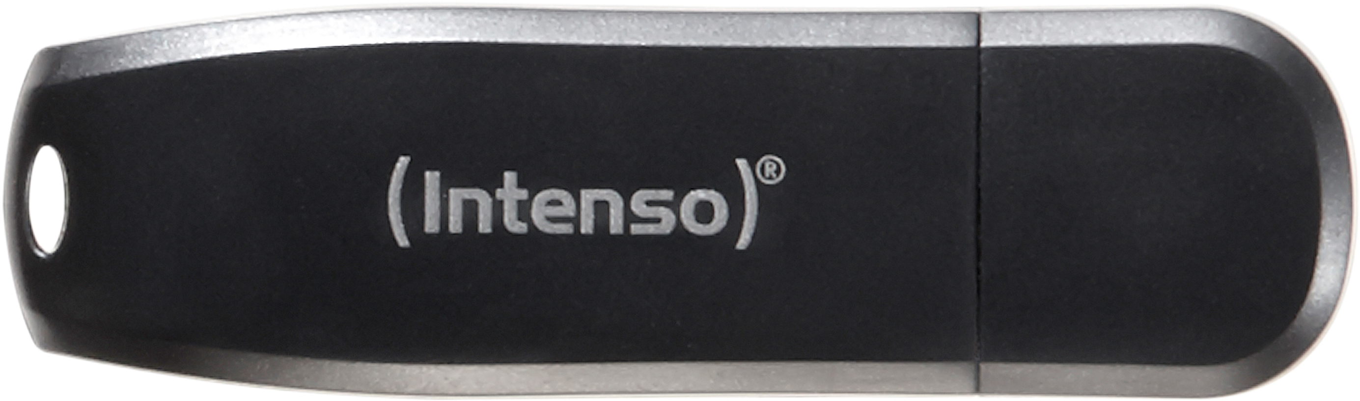 Ein schwarzer USB-Stick mit dem 'Intenso'-Logo und einem silbernen Rand.