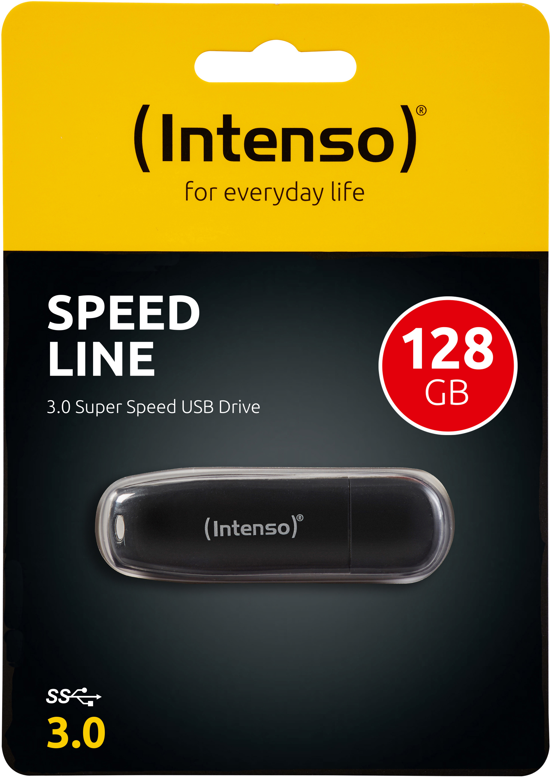 Schwarzer Intenso USB-Stick in einer gelb-schwarzen Verpackung mit dem Text 'SPEED LINE'.