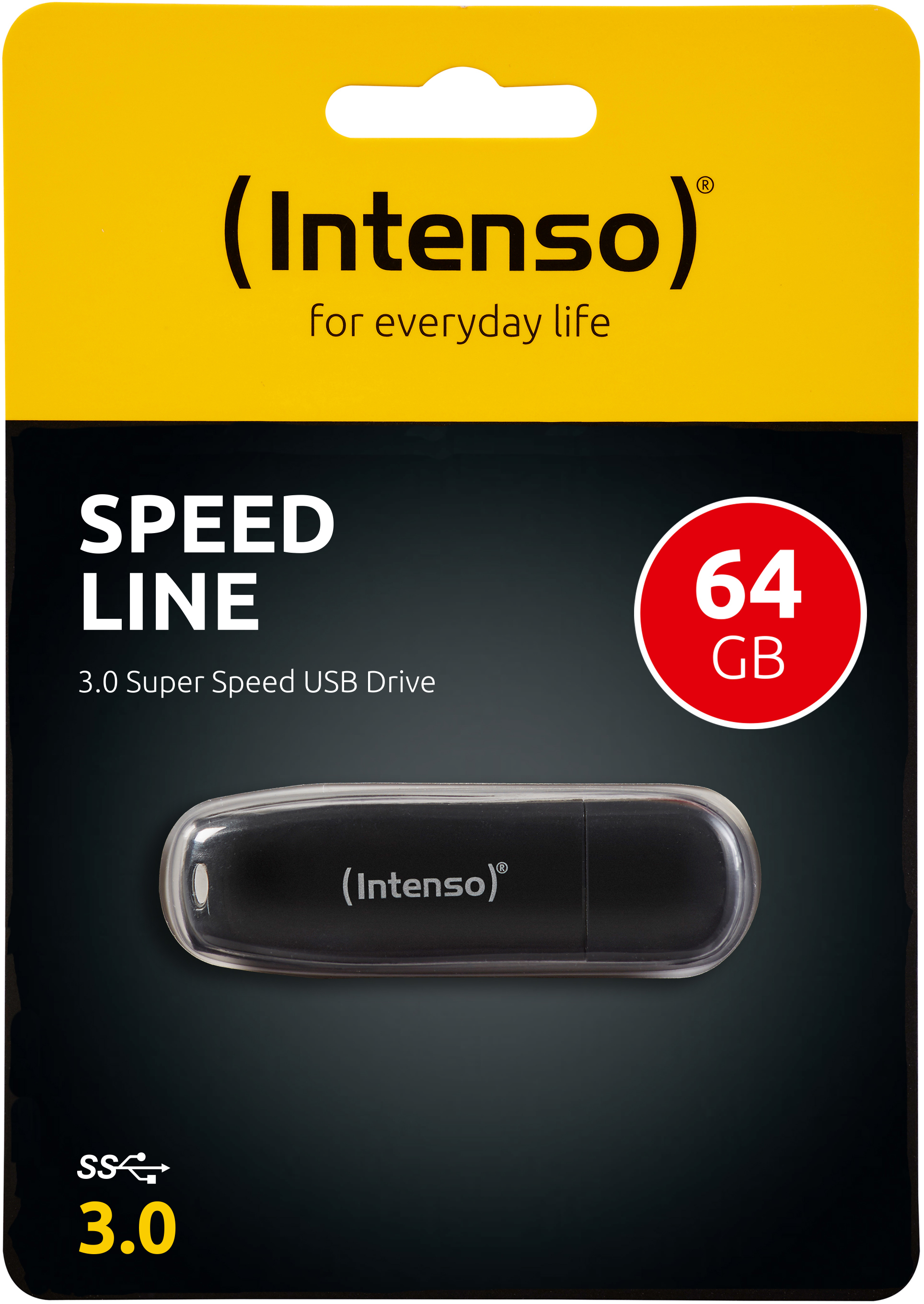 Intenso USB-Stick. Die Verpackung ist gelb und schwarz mit einem 64 GB-Etikett.