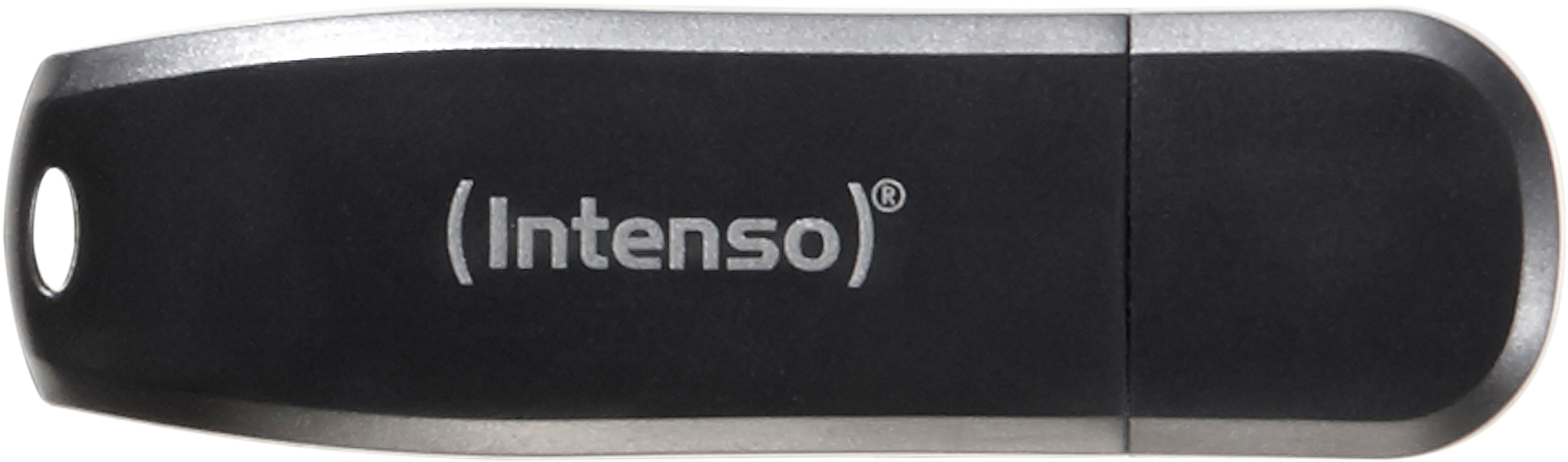 Schwarzer USB-Stick mit silberner Zierleiste. Das Wort (Intenso) ist darauf gedruckt.