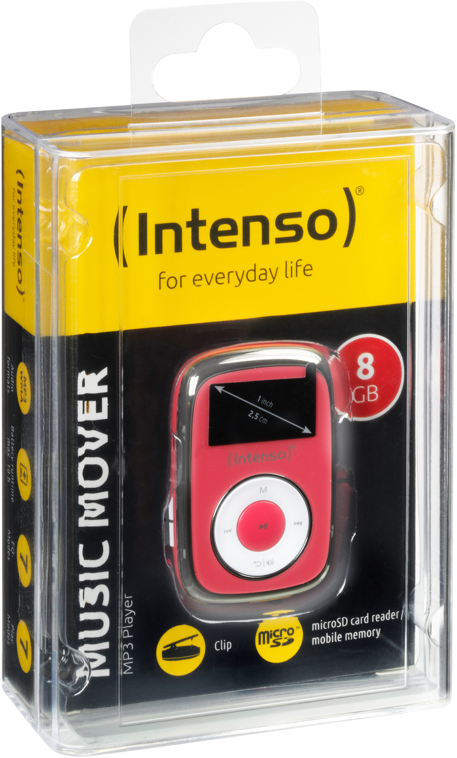 Ein Intenso Musikplayer in einer transparenten Verpackung. Er ist rot mit einem kleinen Bildschirm und Knöpfen.