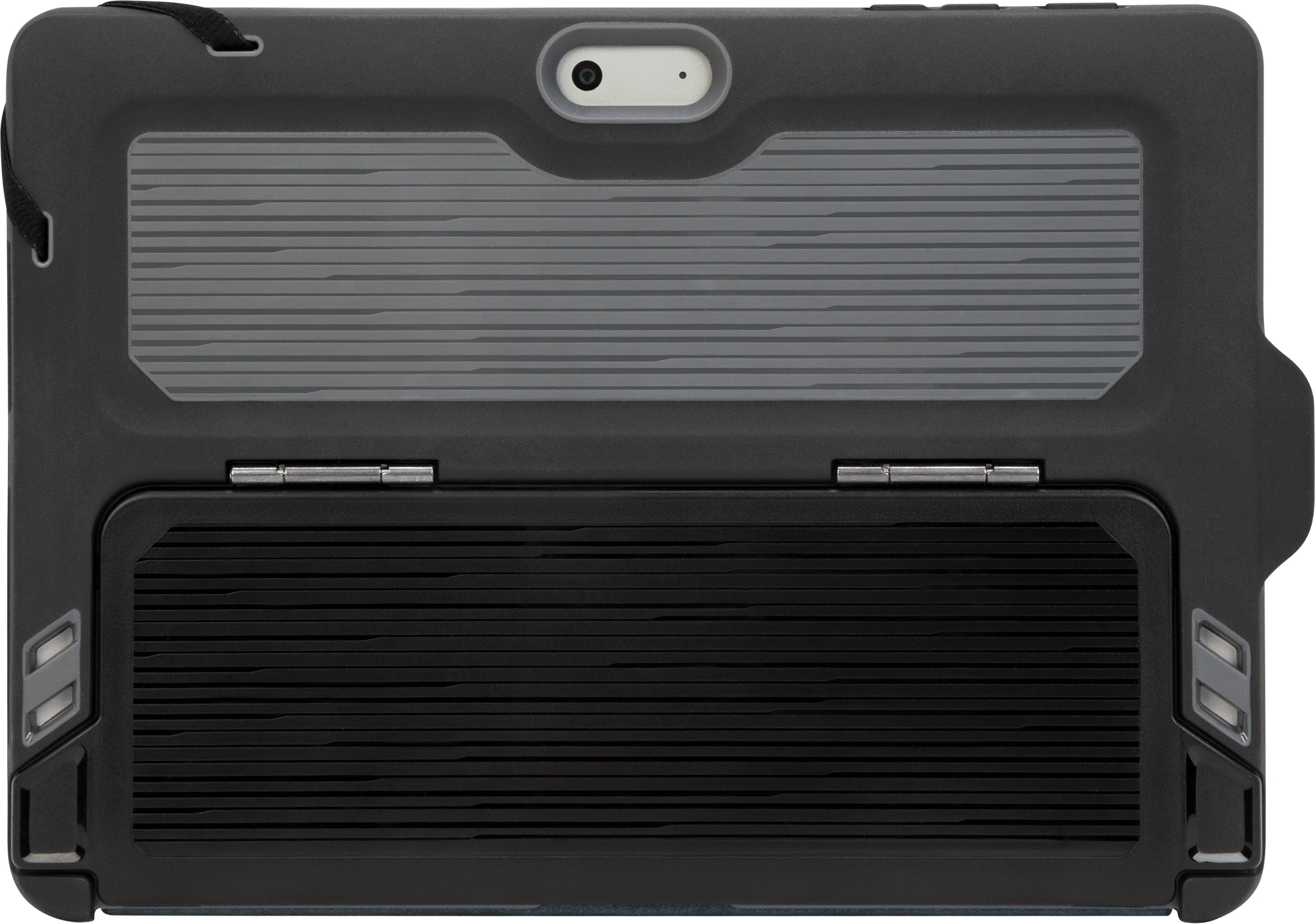 Tablet in Schutzhülle. Schwarze und graue Farben. Draufsicht, Kamera sichtbar.