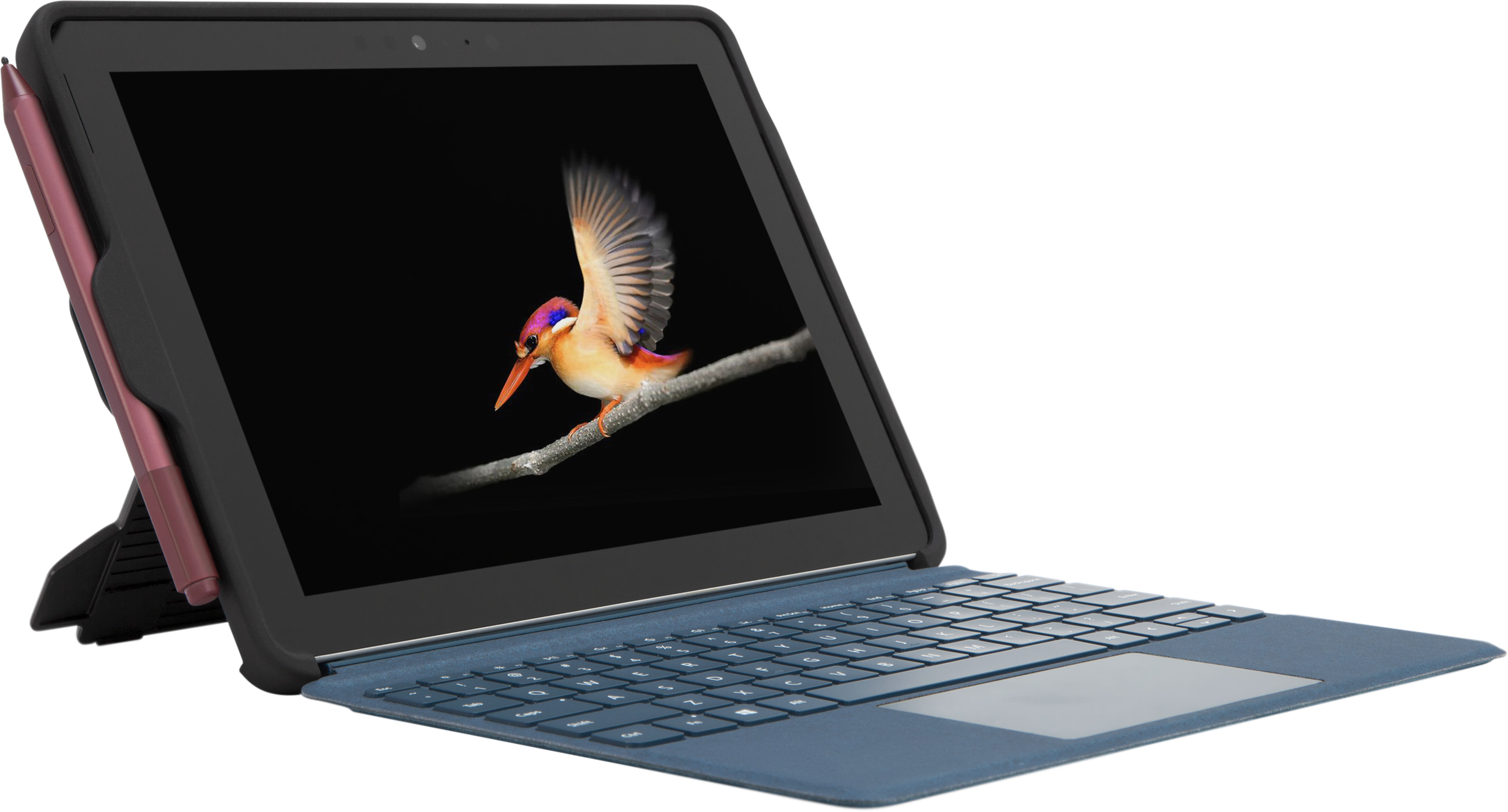 Tablet mit farbenfrohem Vogel auf dem Bildschirm, Tastatur und Stift. Das Tablet ist geöffnet.