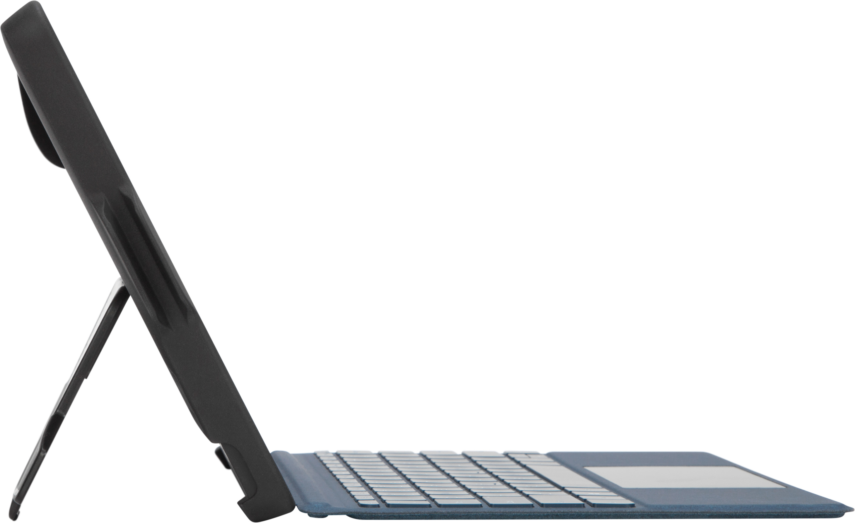 Eine blaue Tastaturhülle für ein Tablet mit Ständer und Trackpad.
