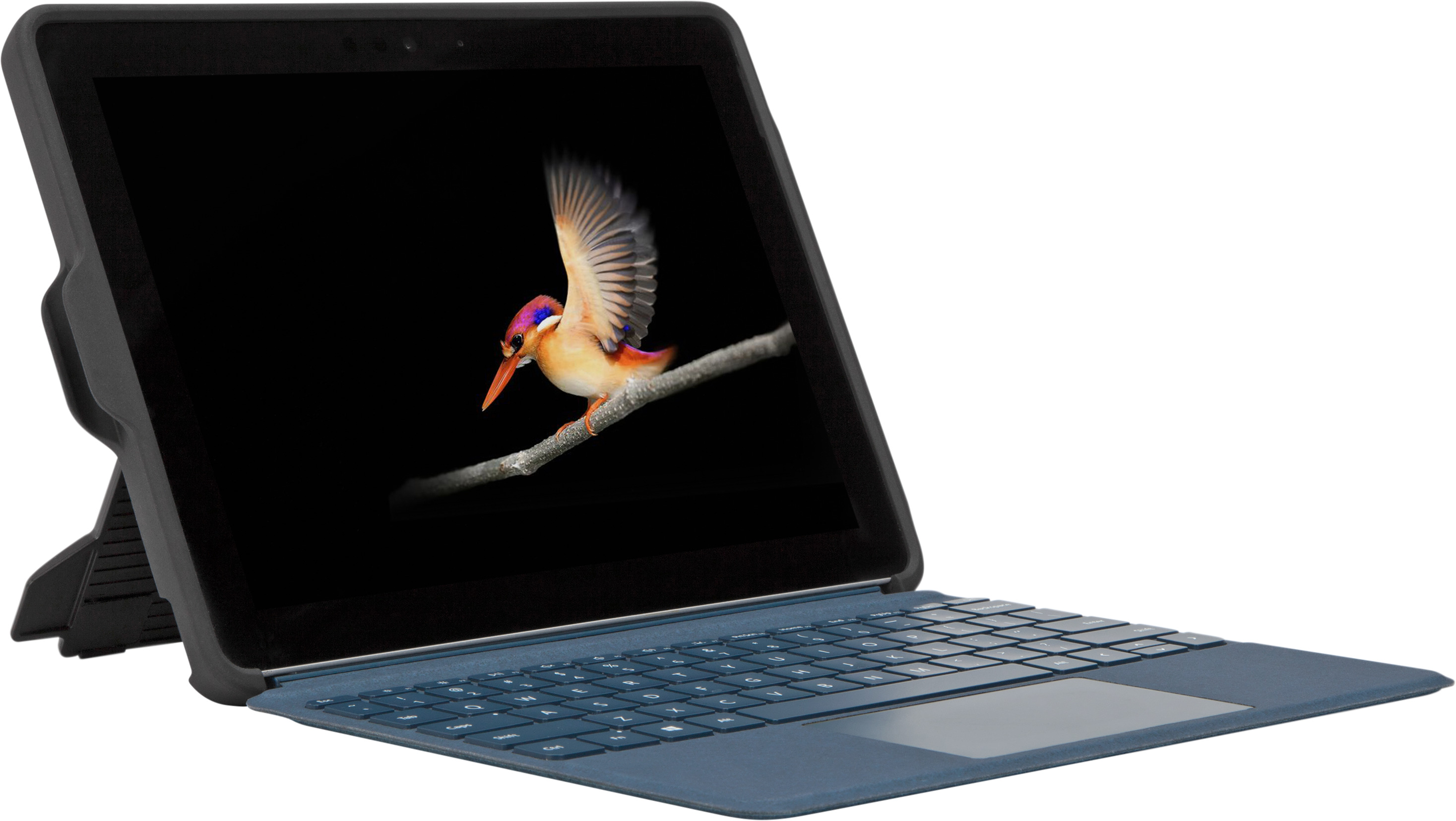 Ein blauer Laptop mit Tastatur und einem Bildschirm, der einen Vogel auf einem Ast zeigt. Es liegt auf einer weißen Oberfläche.