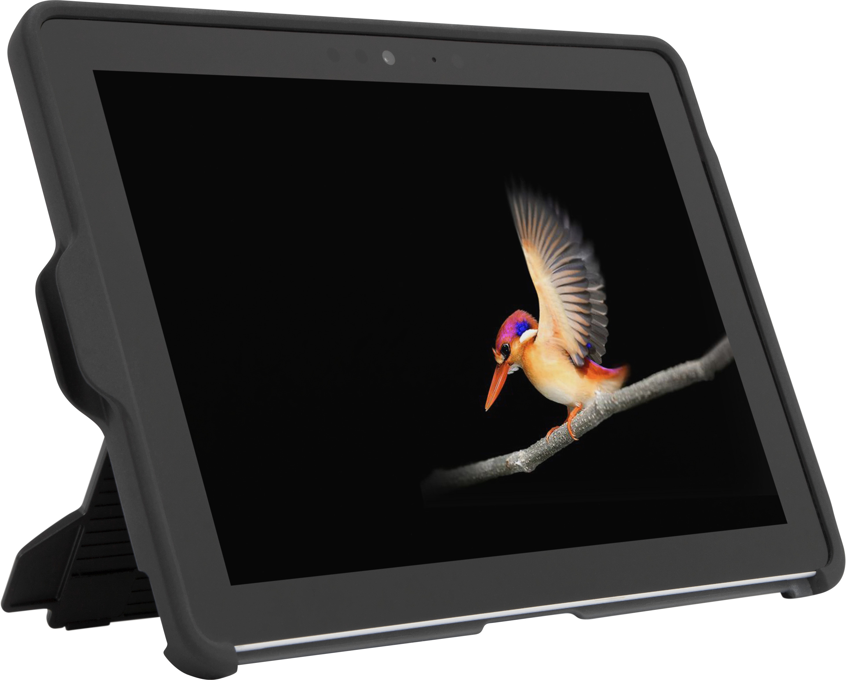 Tablet mit Vogelbild auf dem Bildschirm, in schwarzem Gehäuse.