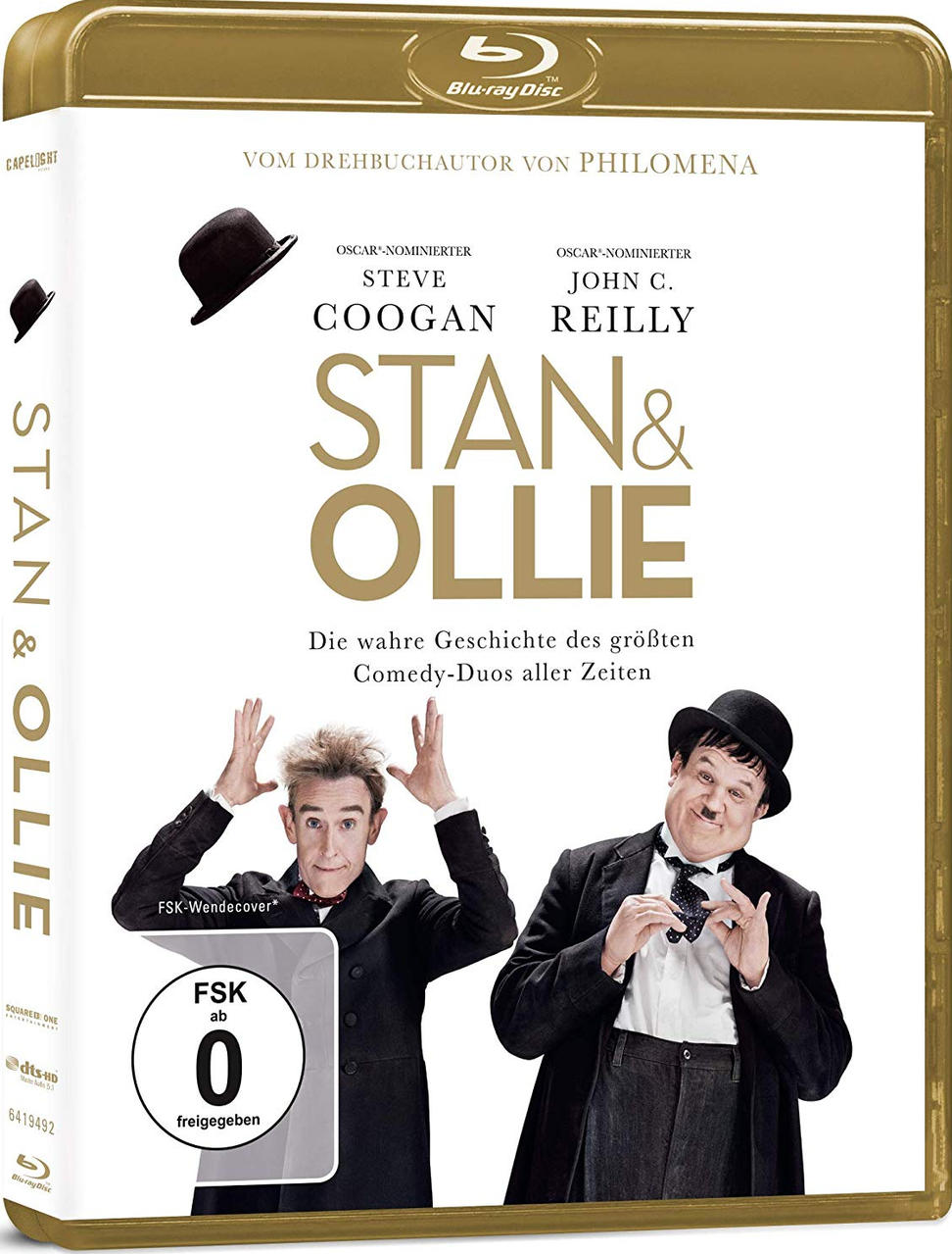 Filmcover, Stan & Ollie, mit Titel und Bildern der Schauspieler Steve Coogan und John C. Reilly.