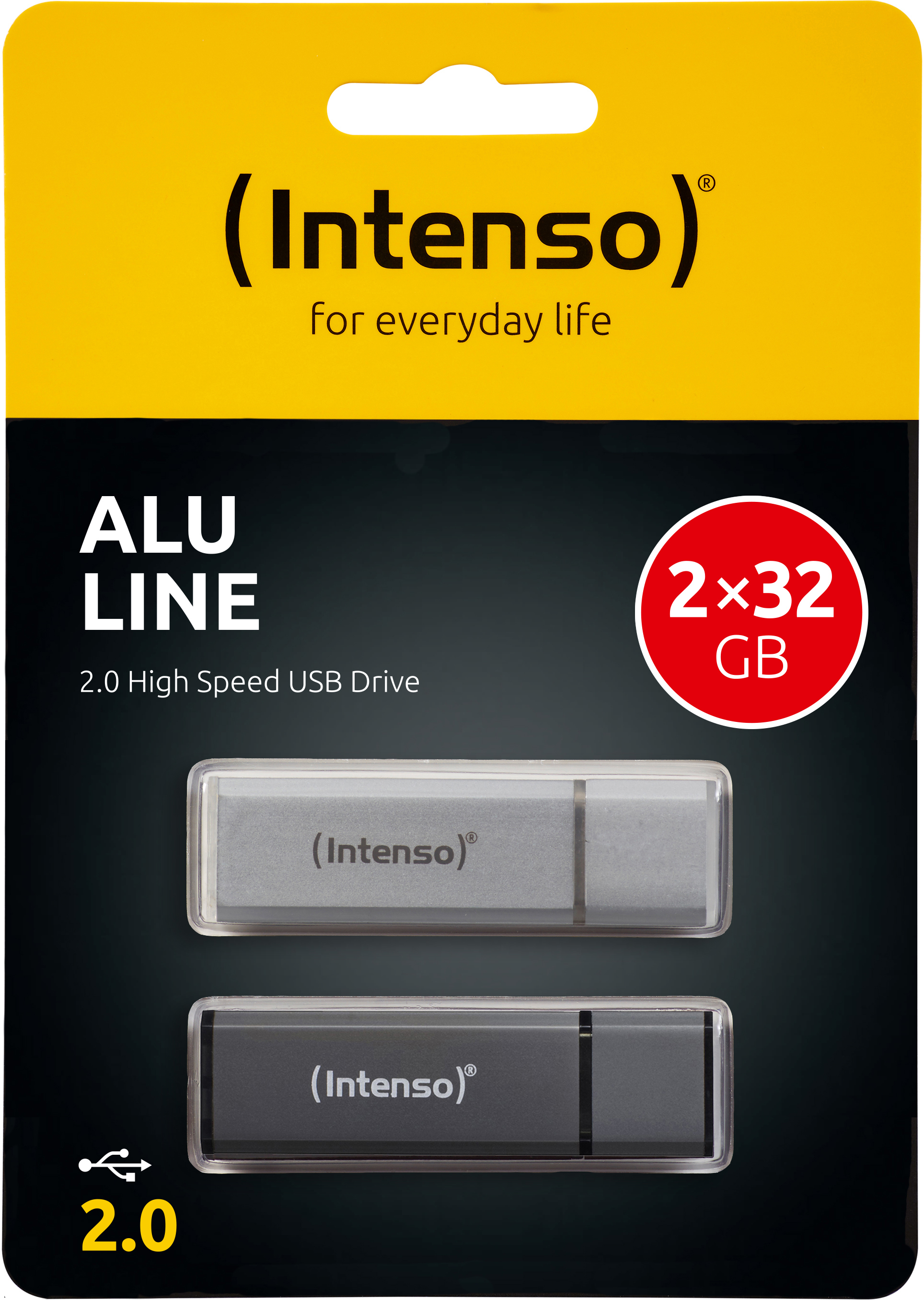 Verpackte USB-Laufwerke. Text: Alu Line, 2x32 GB.