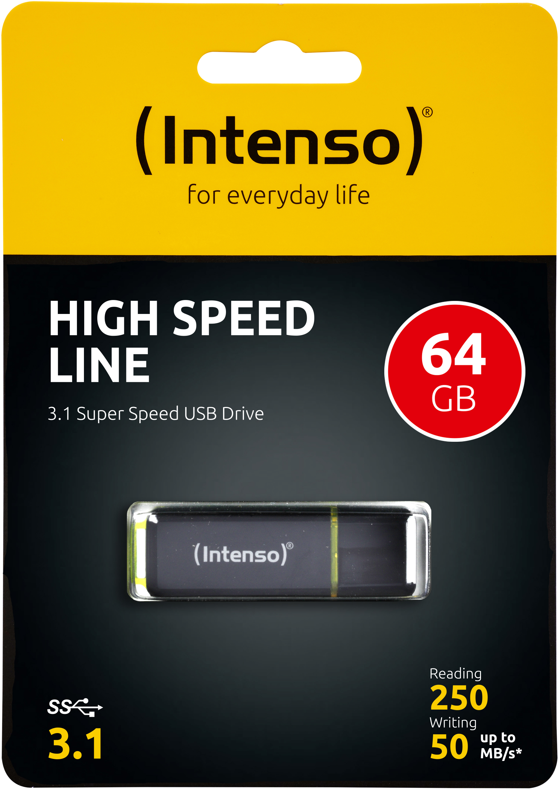 USB-Stick in Verpackung. Schwarzes Laufwerk mit weißem Text. High Speed Line, 64 GB.