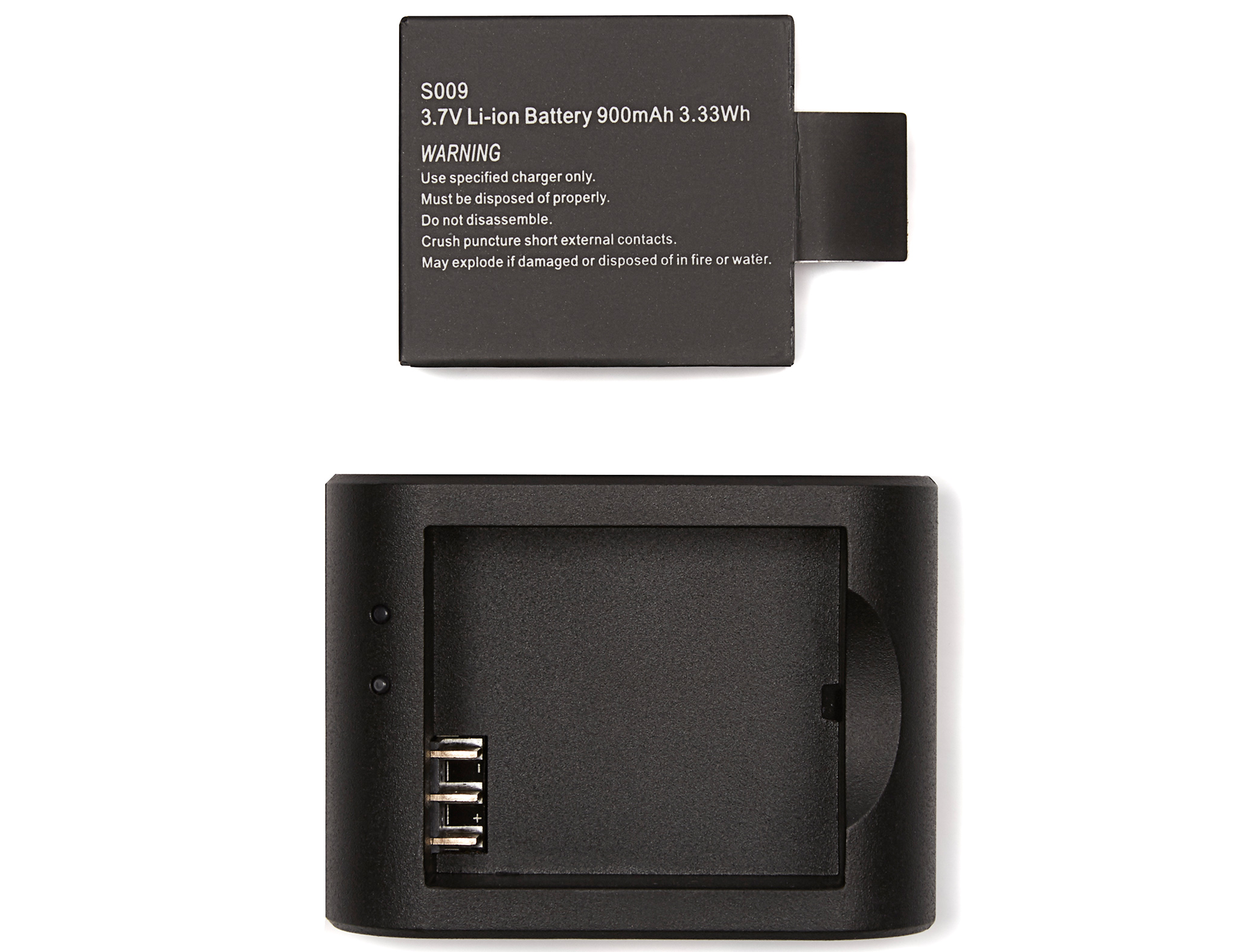 Two black objects: a battery and a charger. The battery is labeled with warning text.