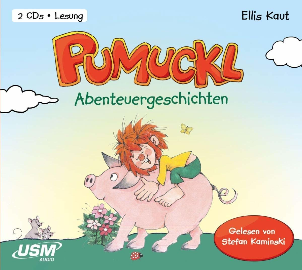 Ein Kind reitet auf einem Schwein auf einem Buchcover. Text lautet 'Pumuckl' und 'Abenteuergeschichten'.